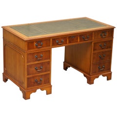 Burr Yew Wood & Green Leather Twin Pedestal Partner Desk Lovely Timber Patina