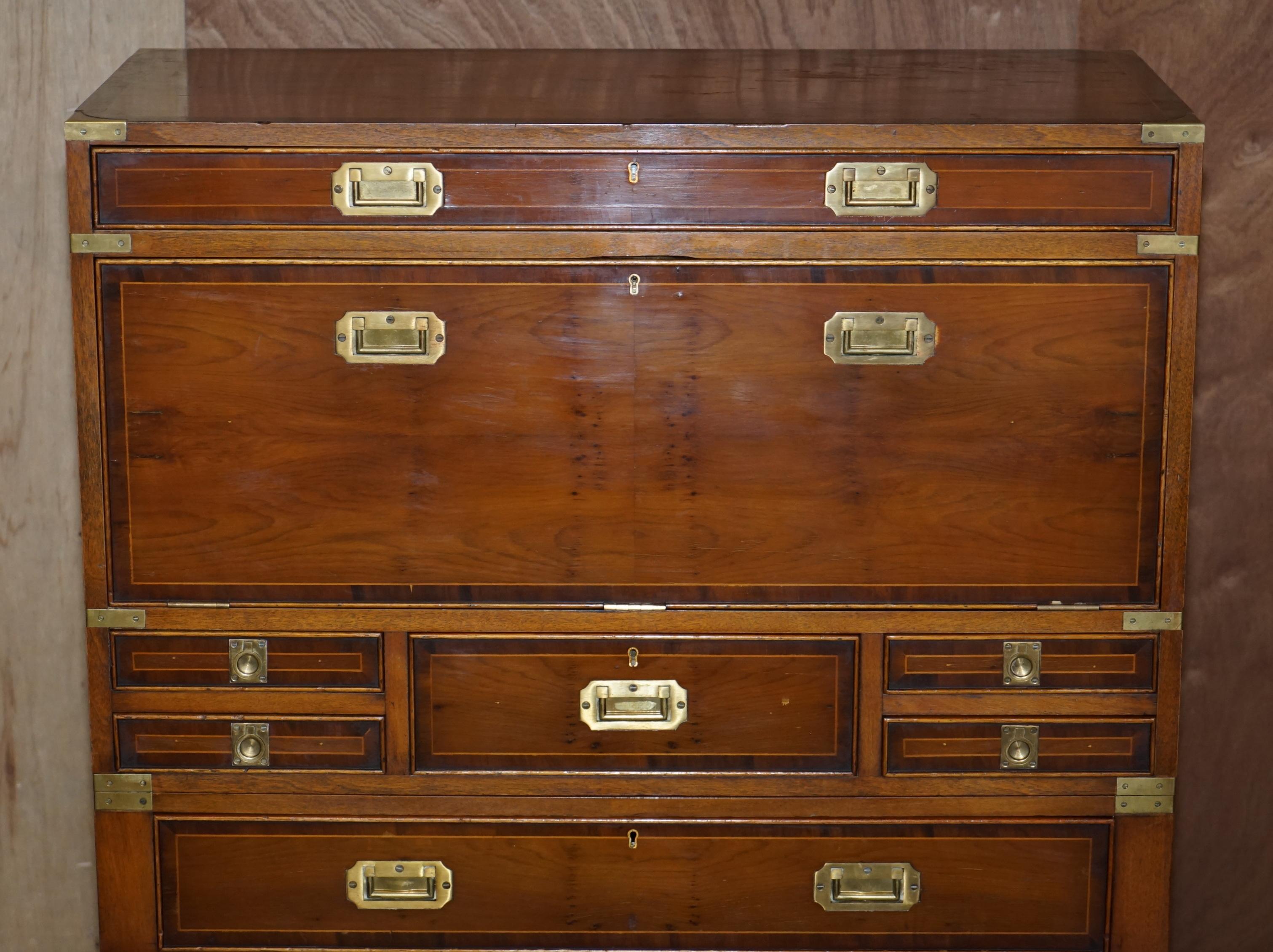 English Burr Yew Wood Military Campaign Chest on Stand Bureau Desk with Chest of Drawers