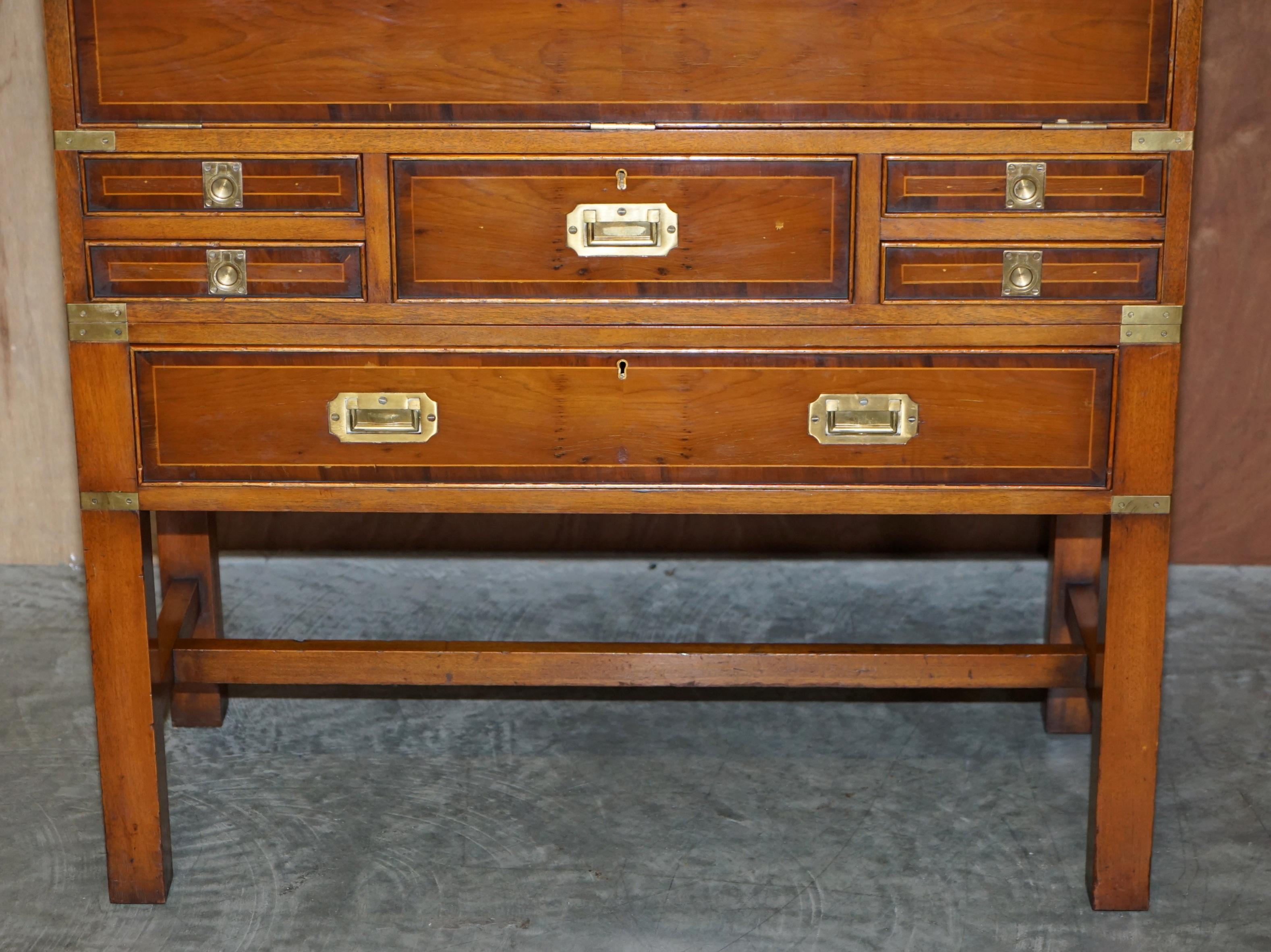 Hand-Crafted Burr Yew Wood Military Campaign Chest on Stand Bureau Desk with Chest of Drawers