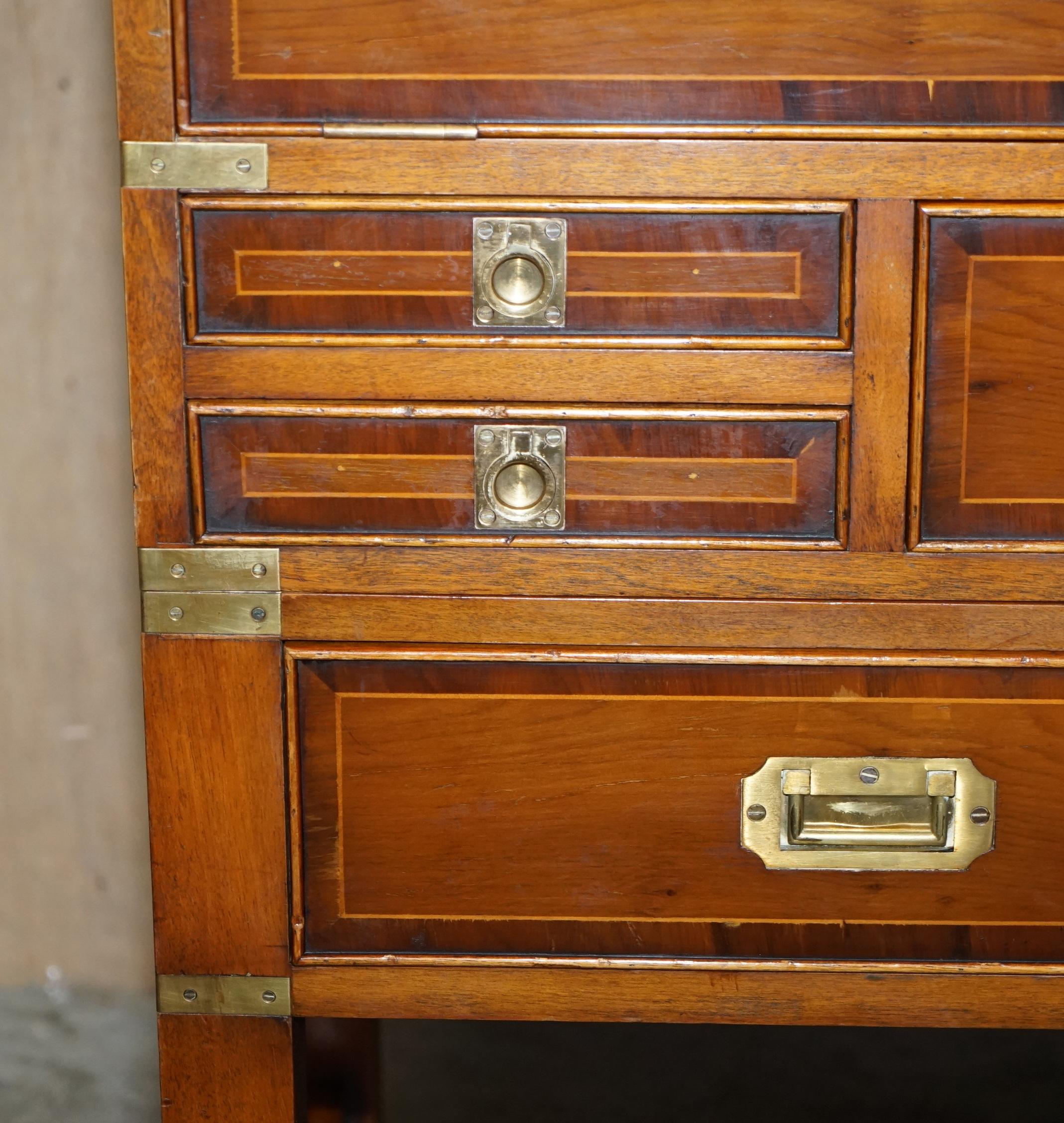 20th Century Burr Yew Wood Military Campaign Chest on Stand Bureau Desk with Chest of Drawers