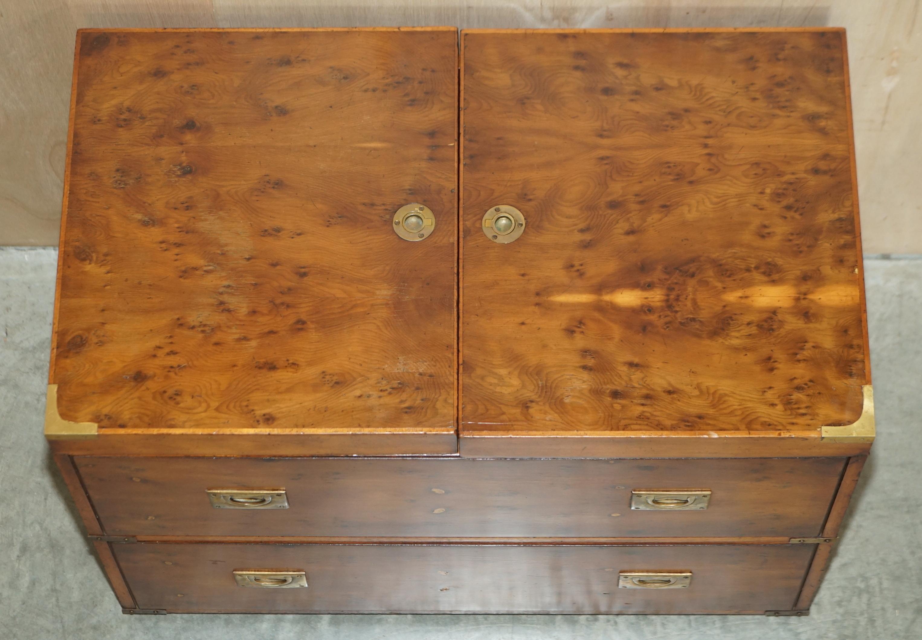 Burr Yew Wood Military Campaign Drinks Cabinet Hidden Inside a Chest Trunk For Sale 4