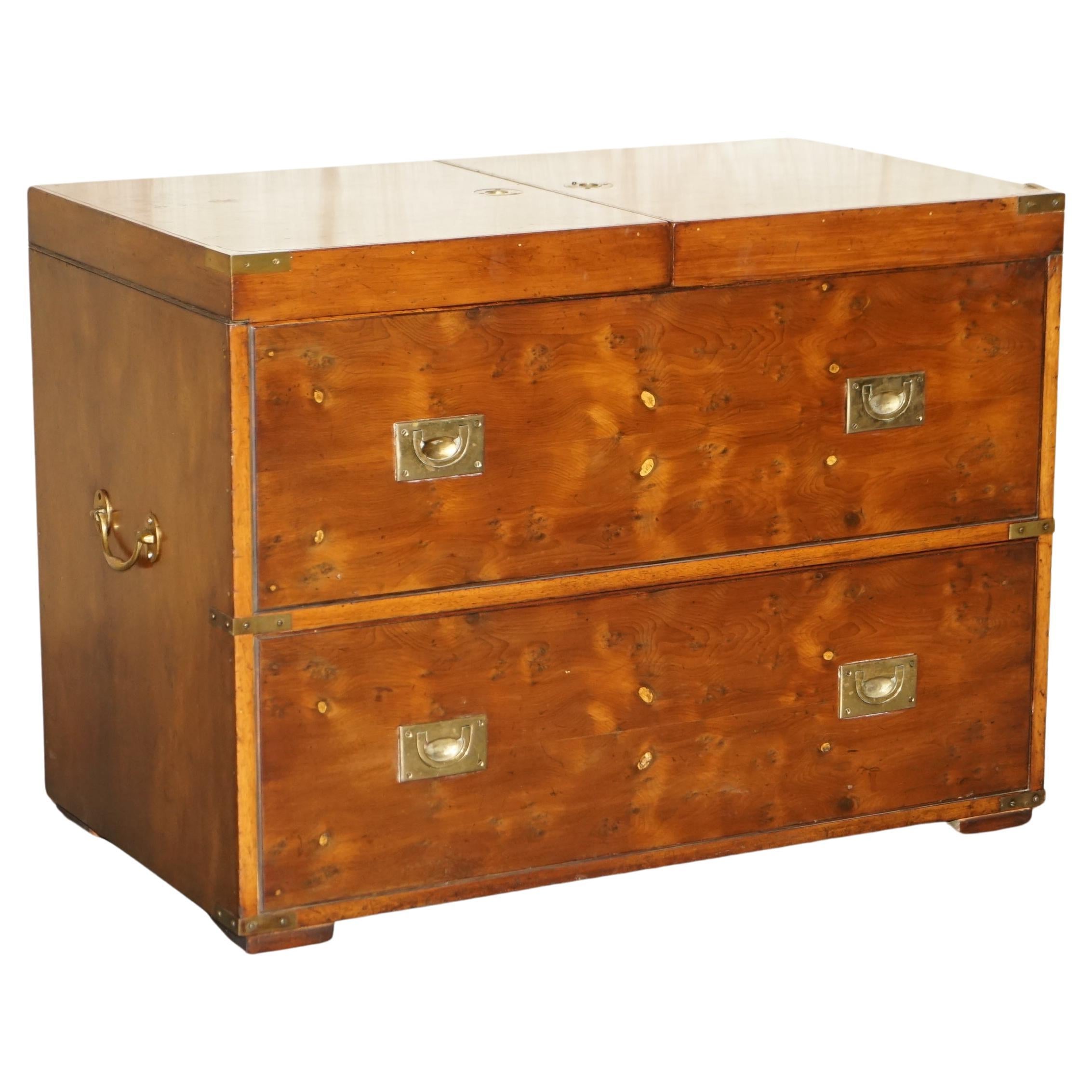 Burr Yew Wood Military Campaign Drinks Cabinet Hidden Inside a Chest Trunk