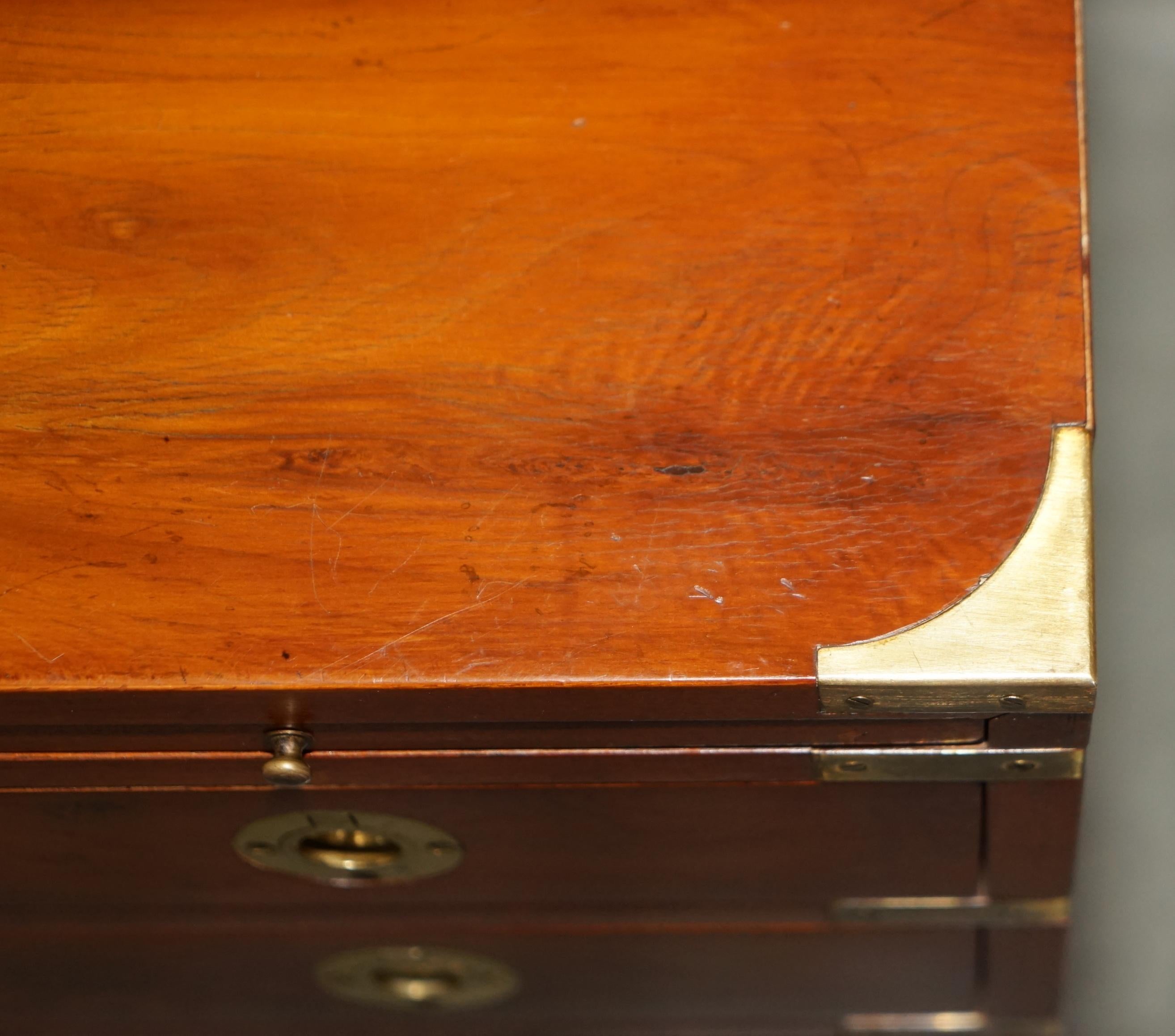 Burr Yew Wood Military Campaign Side End Table Drawers with Butlers Serving Tray For Sale 5