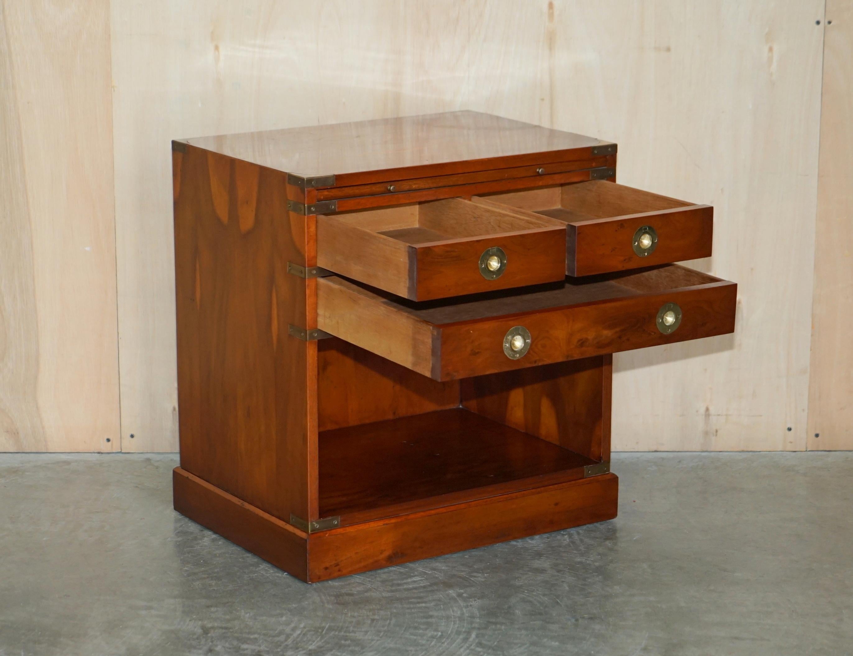 Burr Yew Wood Military Campaign Side End Table Drawers with Butlers Serving Tray For Sale 9