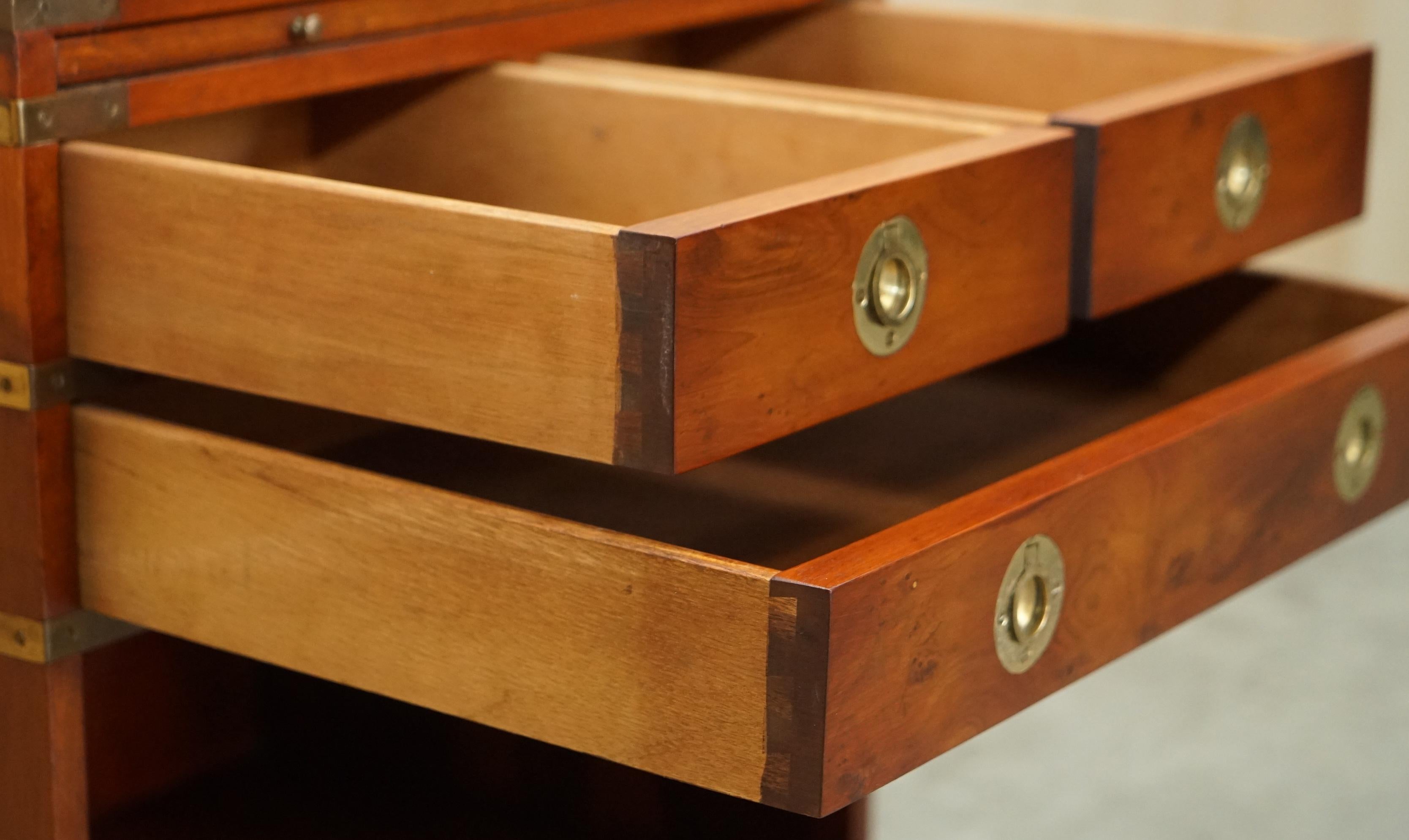 Burr Yew Wood Military Campaign Side End Table Drawers with Butlers Serving Tray For Sale 10