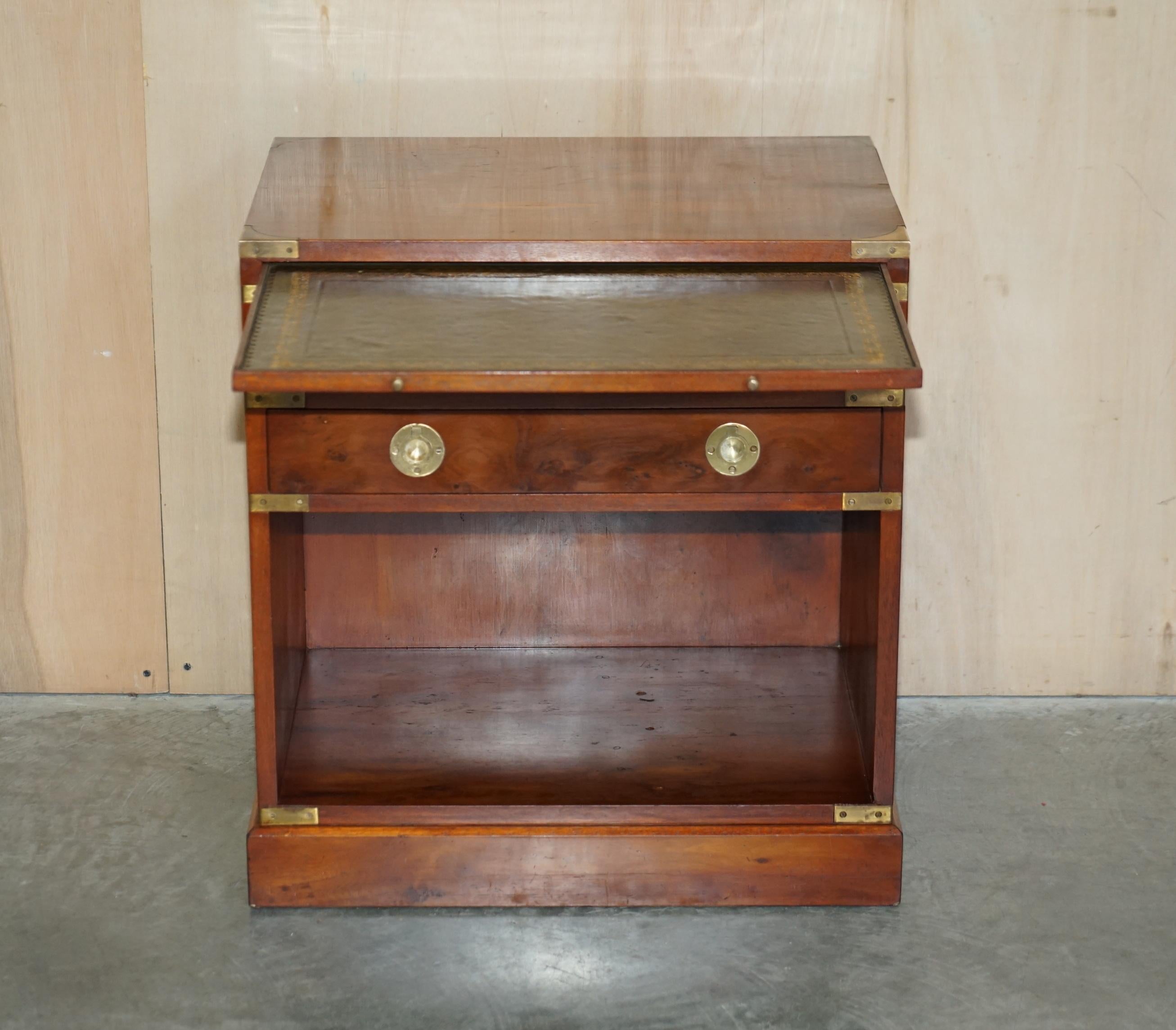 Burr Yew Wood Military Campaign Side End Table Drawers with Butlers Serving Tray For Sale 13