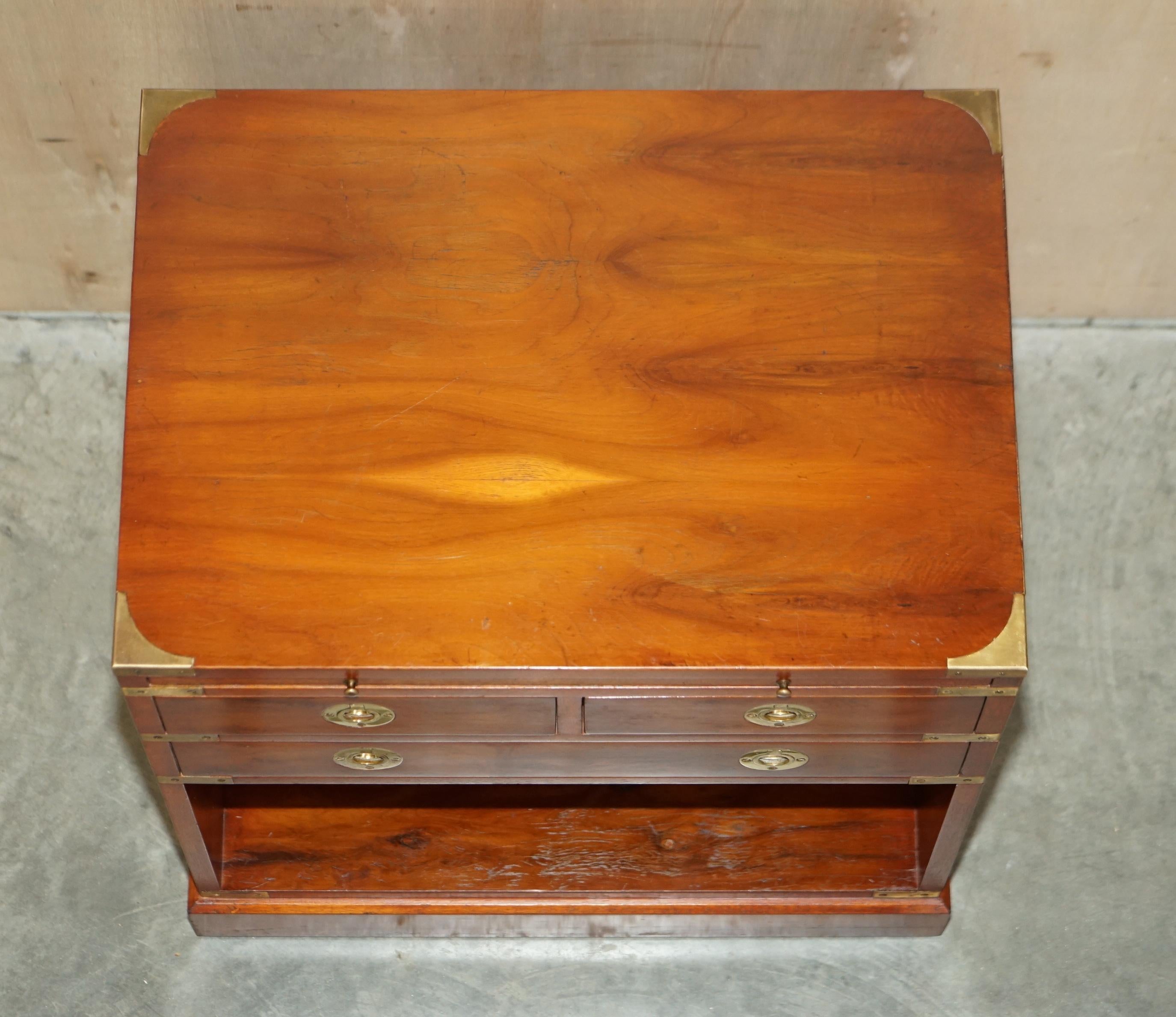 Burr Yew Wood Military Campaign Side End Table Drawers with Butlers Serving Tray For Sale 3