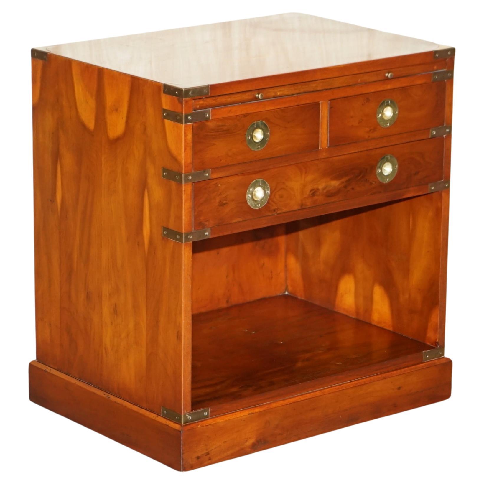 Burr Yew Wood Military Campaign Side End Table Drawers with Butlers Serving Tray
