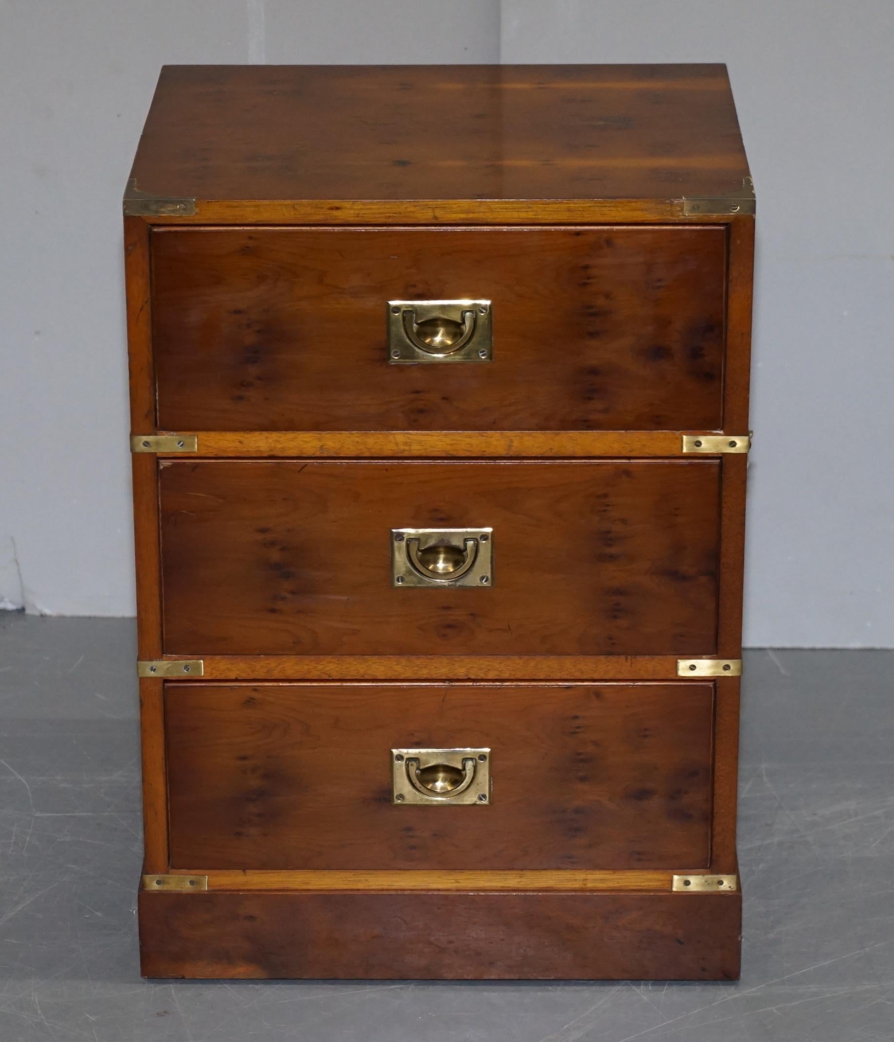 We are delighted to offer for sale this lovely Military Campaign style burr yew wood side table sized chest of drawers

A good looking well made and decorative little chest of drawers, made in the classic Campaign style, with burr yew wood