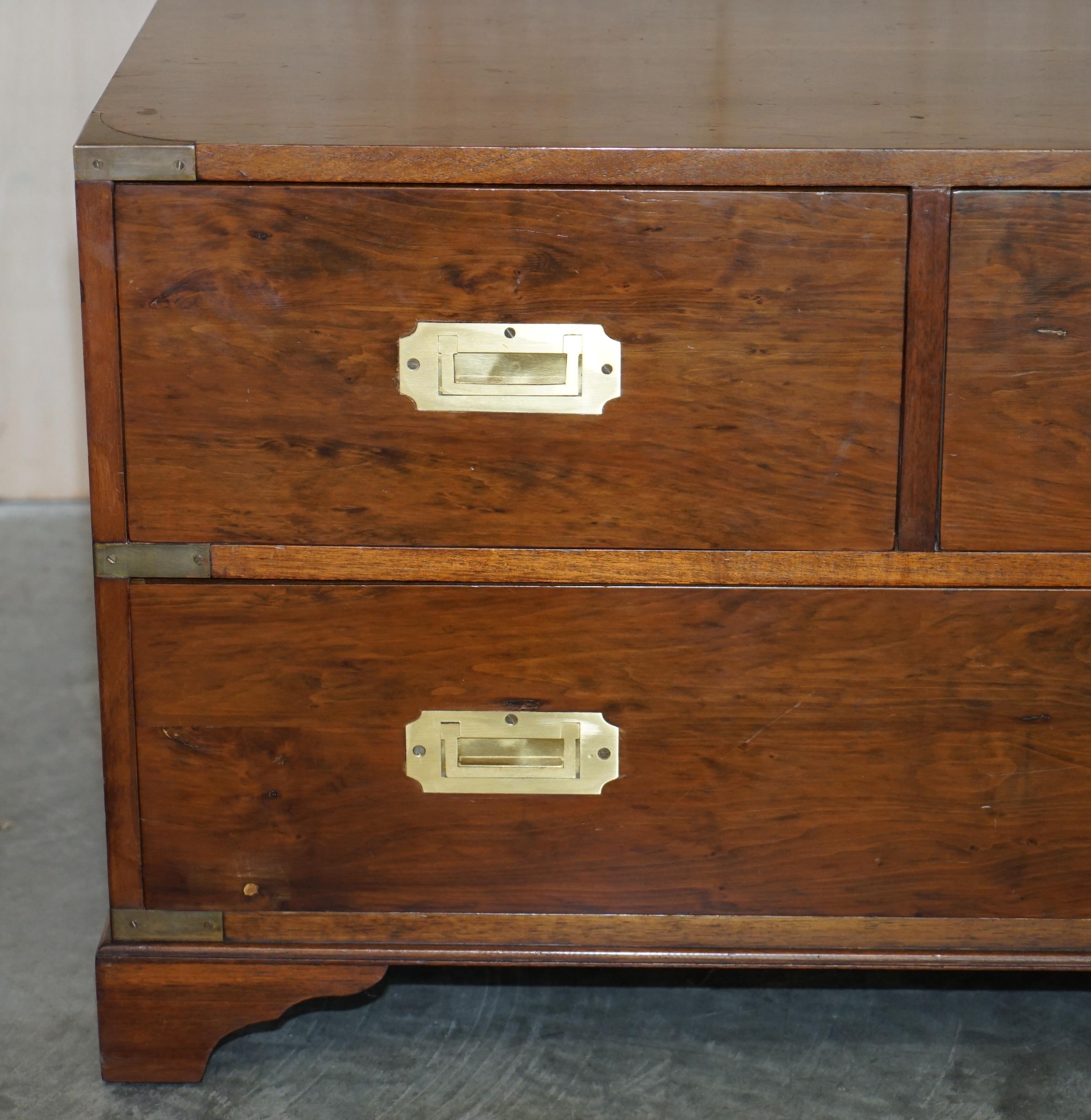 20th Century Burr Yew Wood Military Campaign Three Drawer Chest of Drawers TV Media Stand