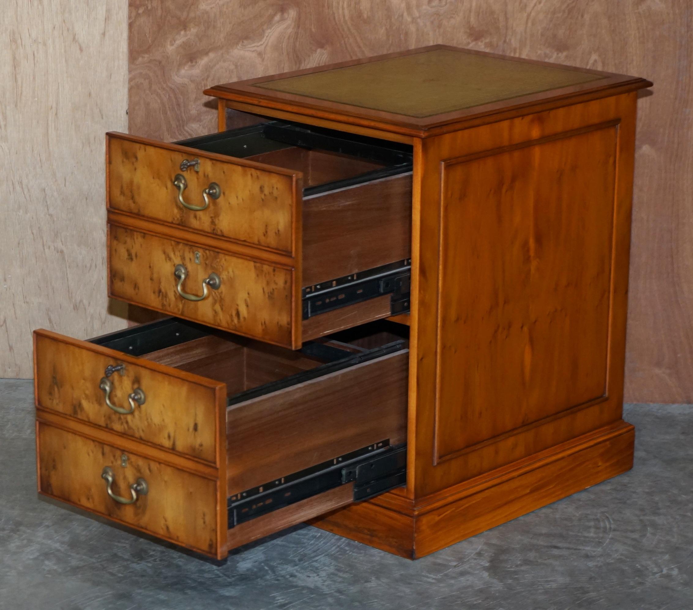 Burr Yew Wood Office Filing Cabinet with Nice Green Leather Top 4