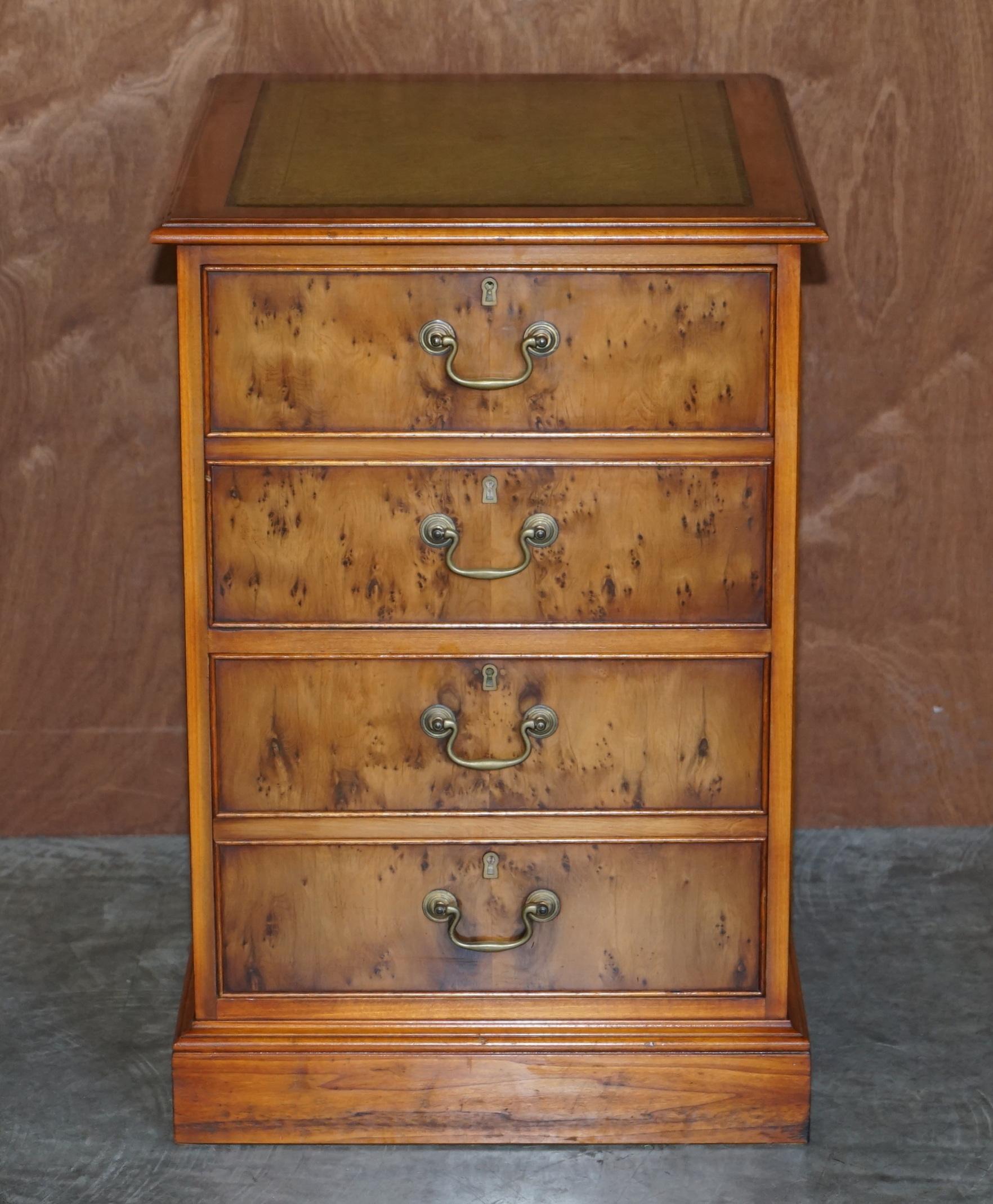 We are delighted to offer for sale this lovely burr yew wood filing cabinet with gold leaf embossed green leather top

A truly stunning piece, if burr yew is your thing or just timber patina that to die for then look no further, this cabinet is