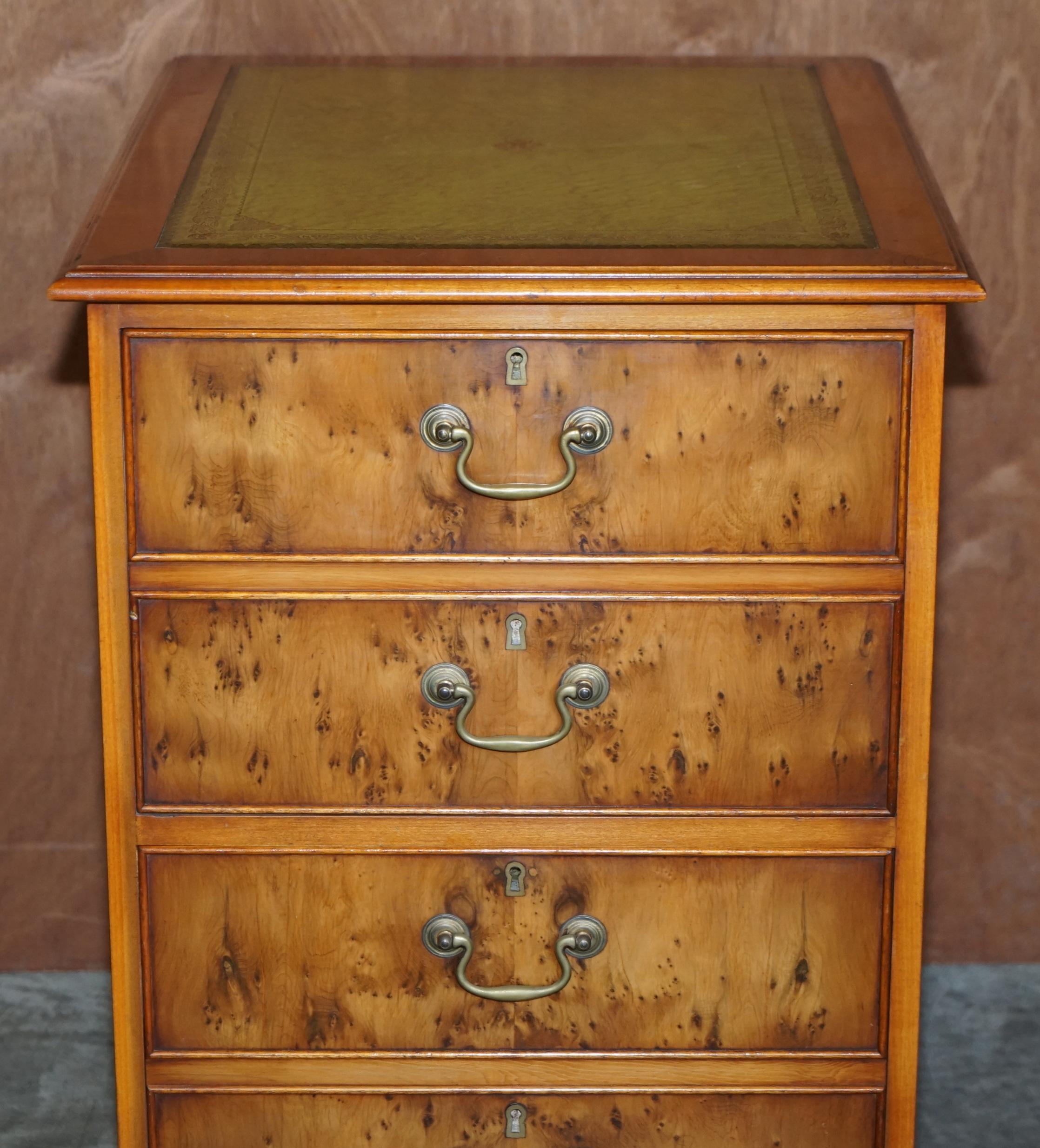 Georgian Burr Yew Wood Office Filing Cabinet with Nice Green Leather Top