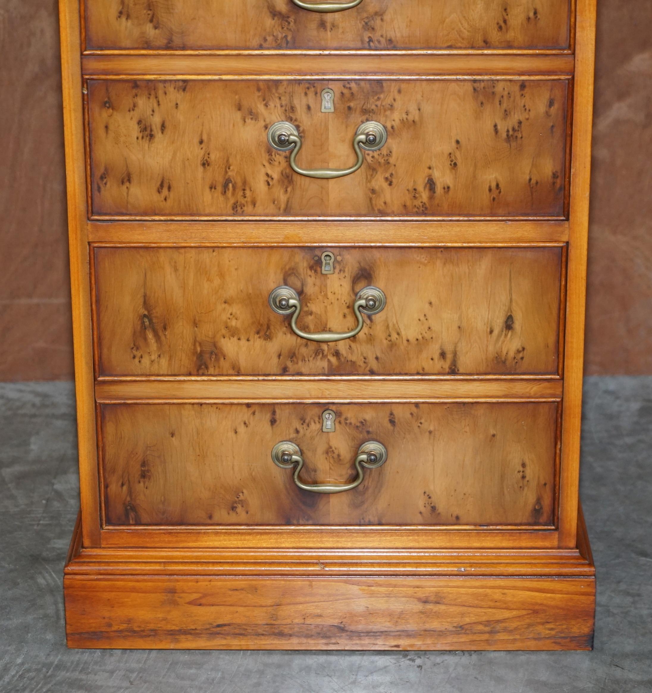 English Burr Yew Wood Office Filing Cabinet with Nice Green Leather Top