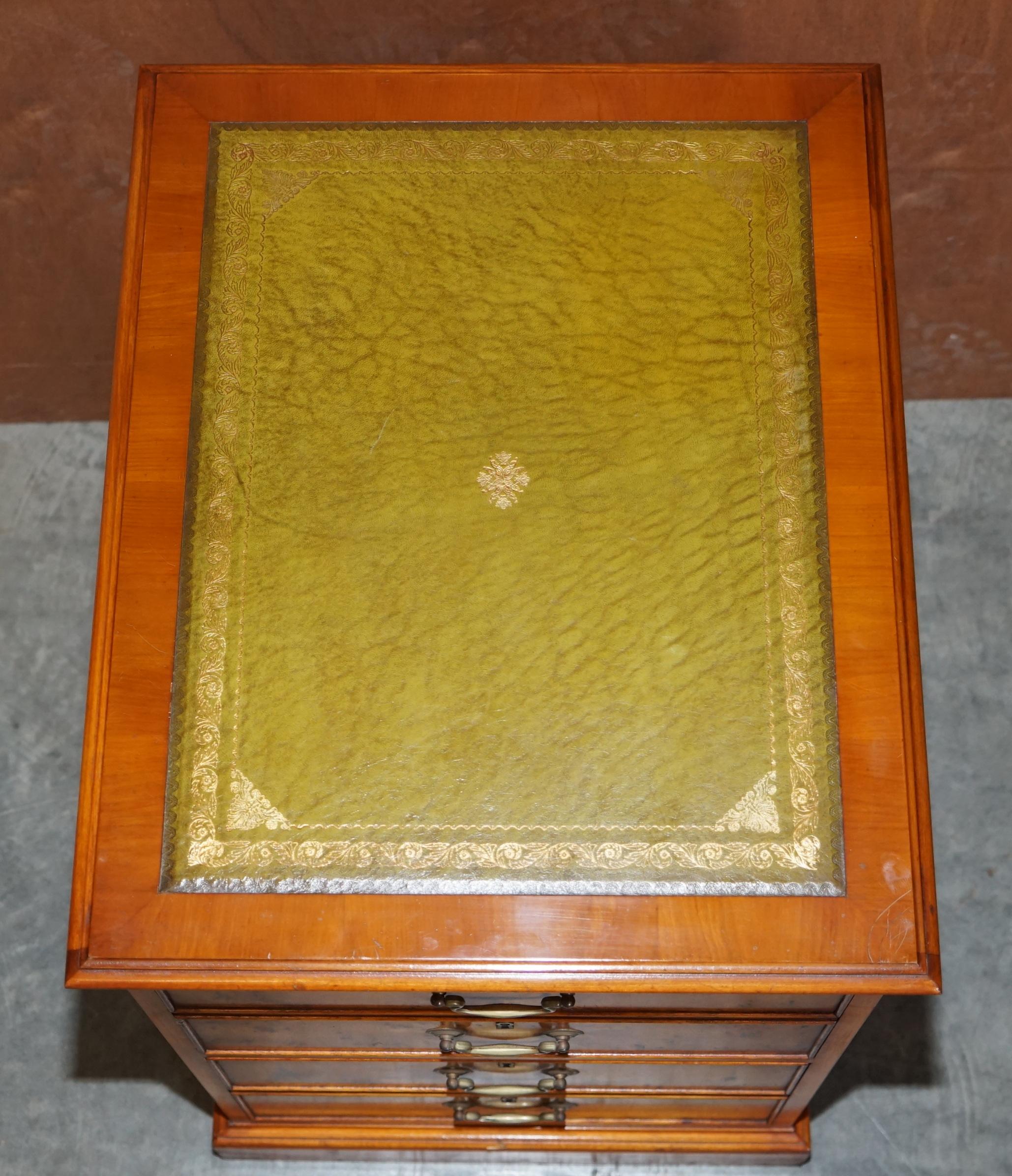 Hand-Crafted Burr Yew Wood Office Filing Cabinet with Nice Green Leather Top
