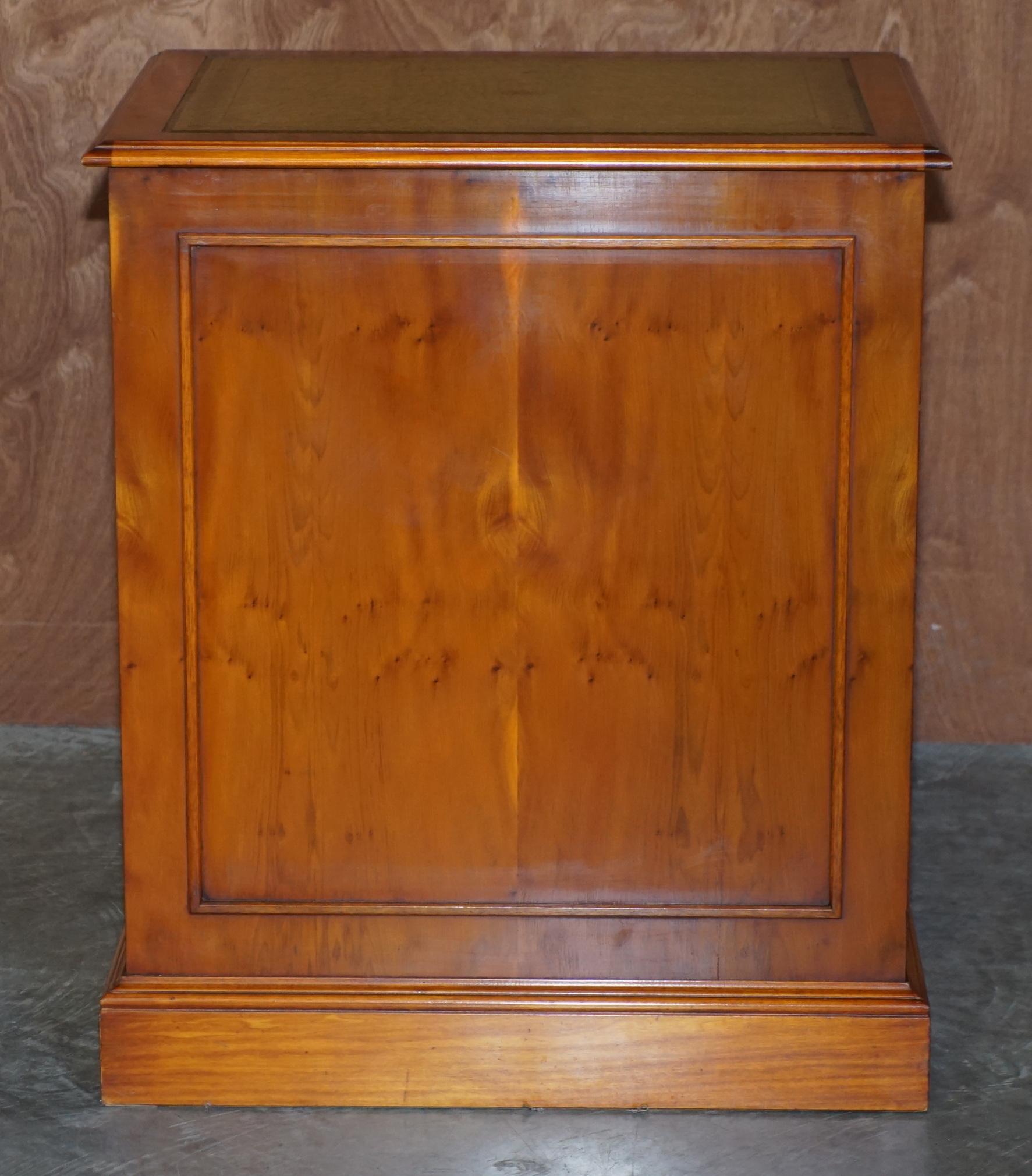 Burr Yew Wood Office Filing Cabinet with Nice Green Leather Top 1