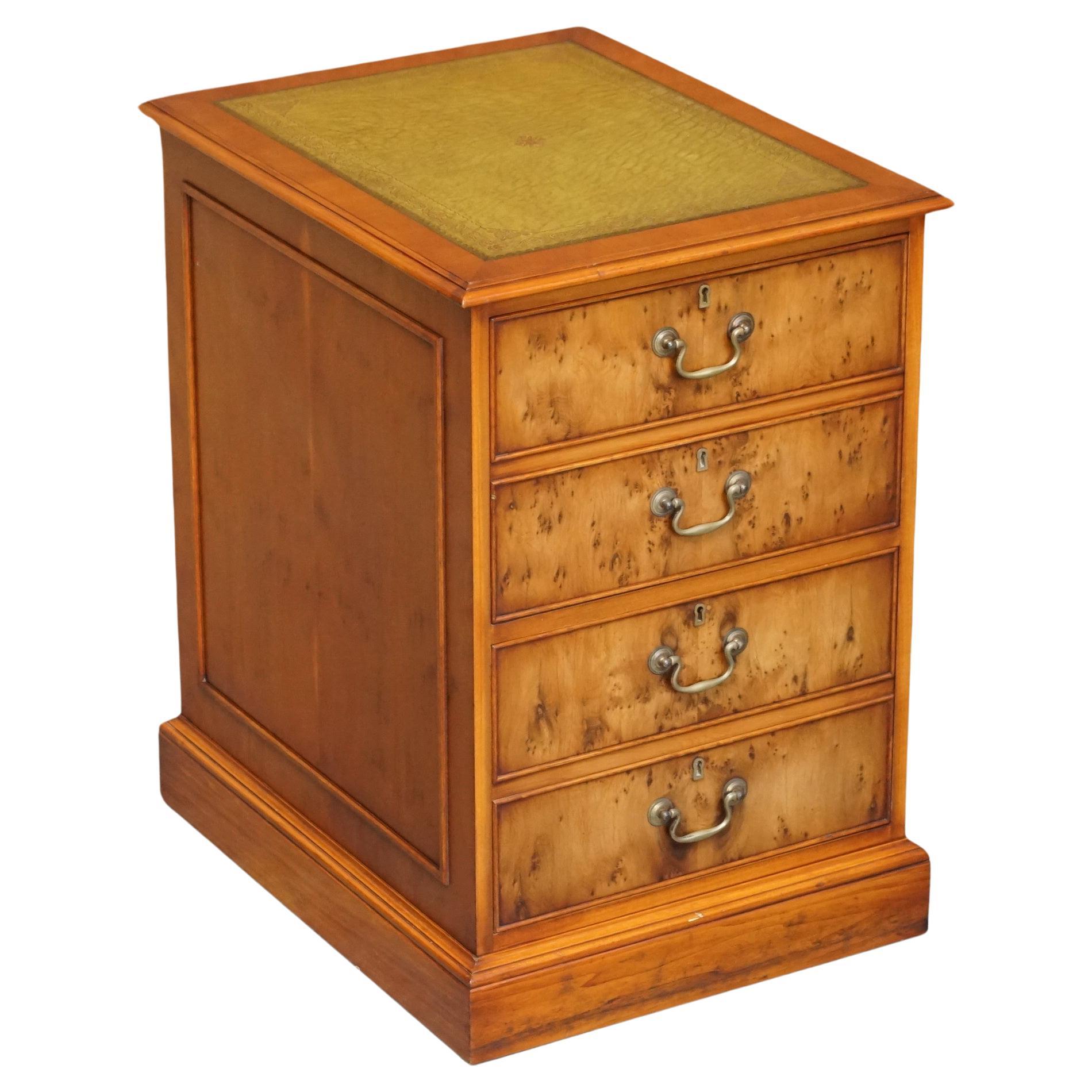 Burr Yew Wood Office Filing Cabinet with Nice Green Leather Top