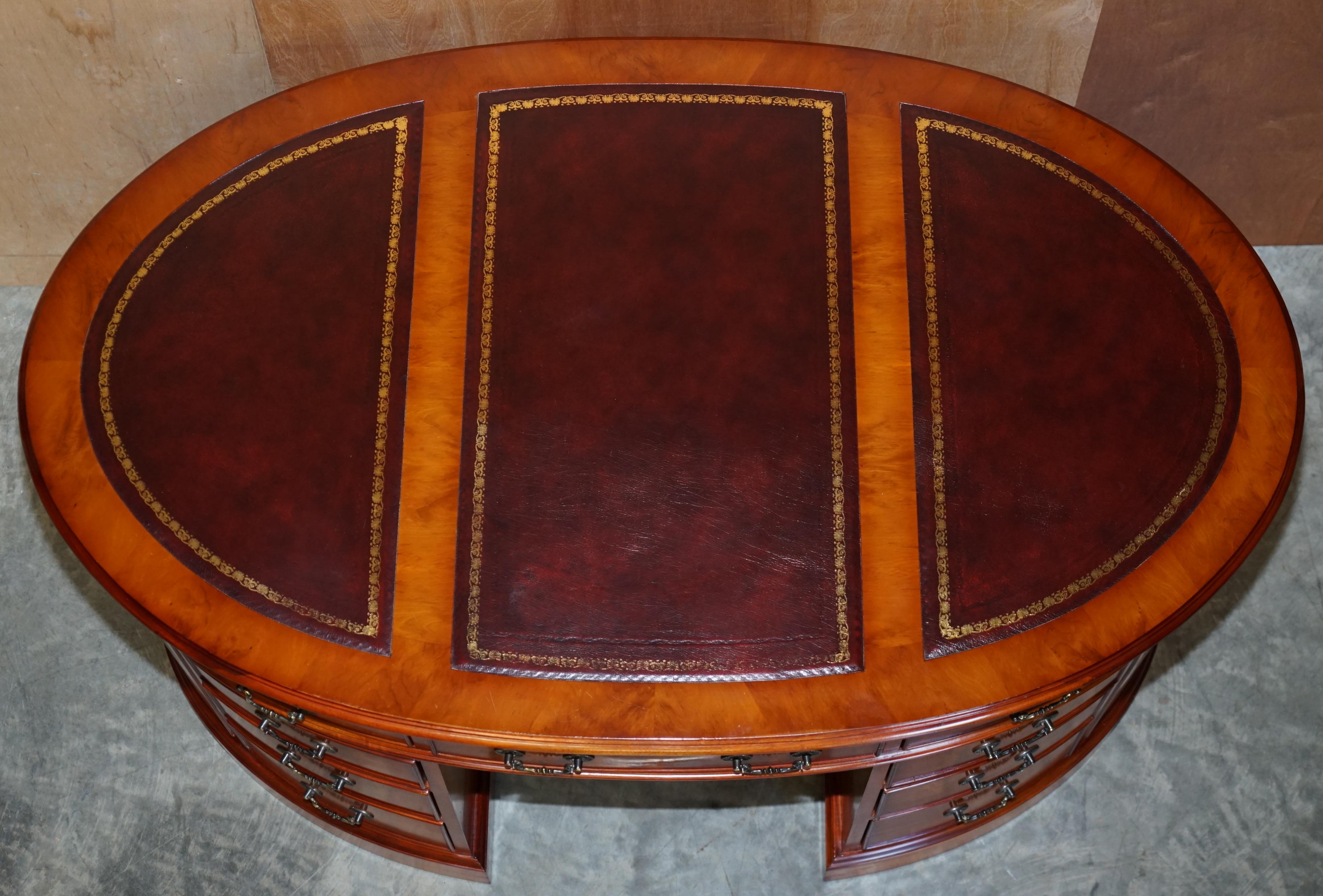 Regency Burr Yew Wood Oval Pedestal Partners Desk Oxblood Leather Top Butlers Trays