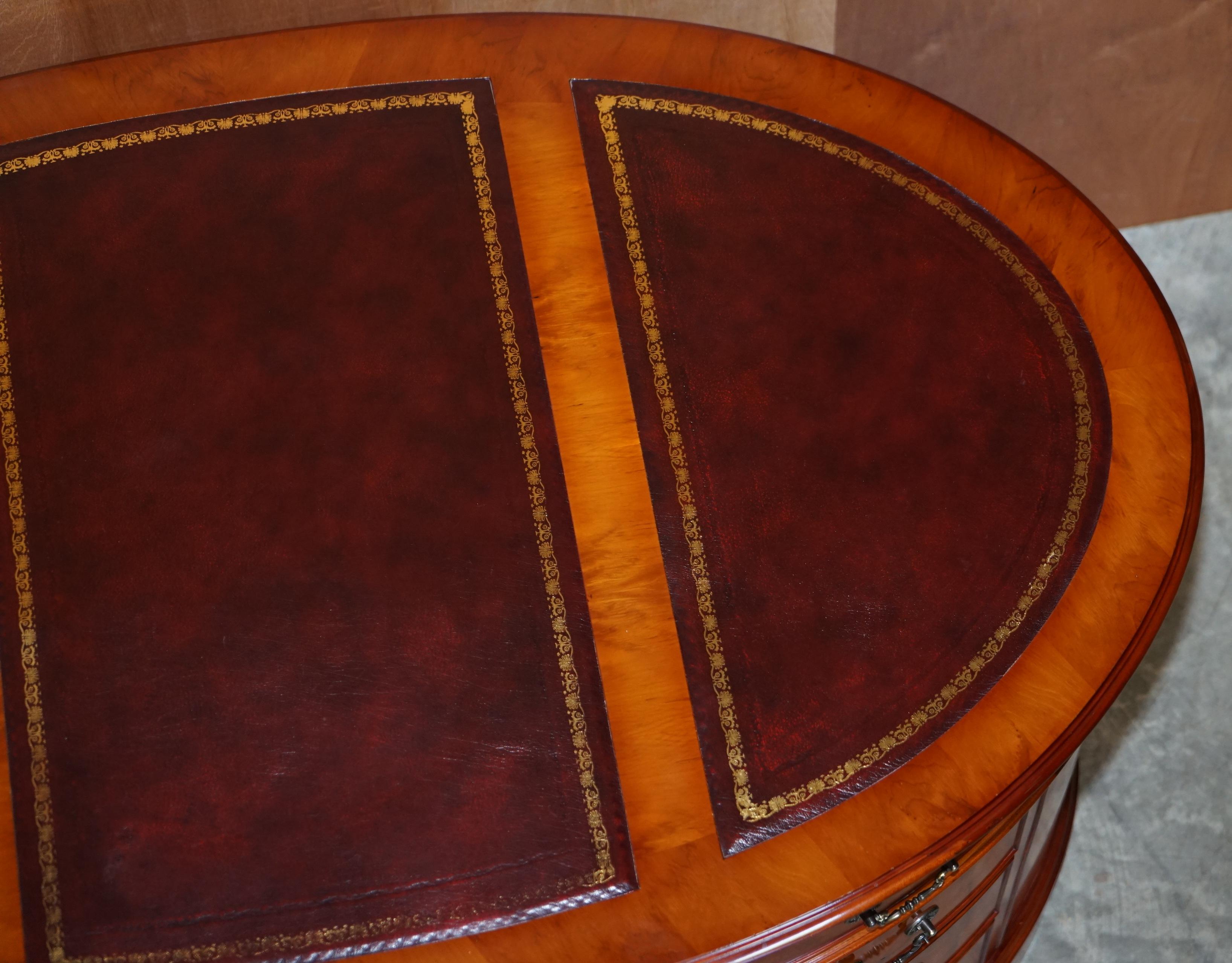 Hand-Crafted Burr Yew Wood Oval Pedestal Partners Desk Oxblood Leather Top Butlers Trays