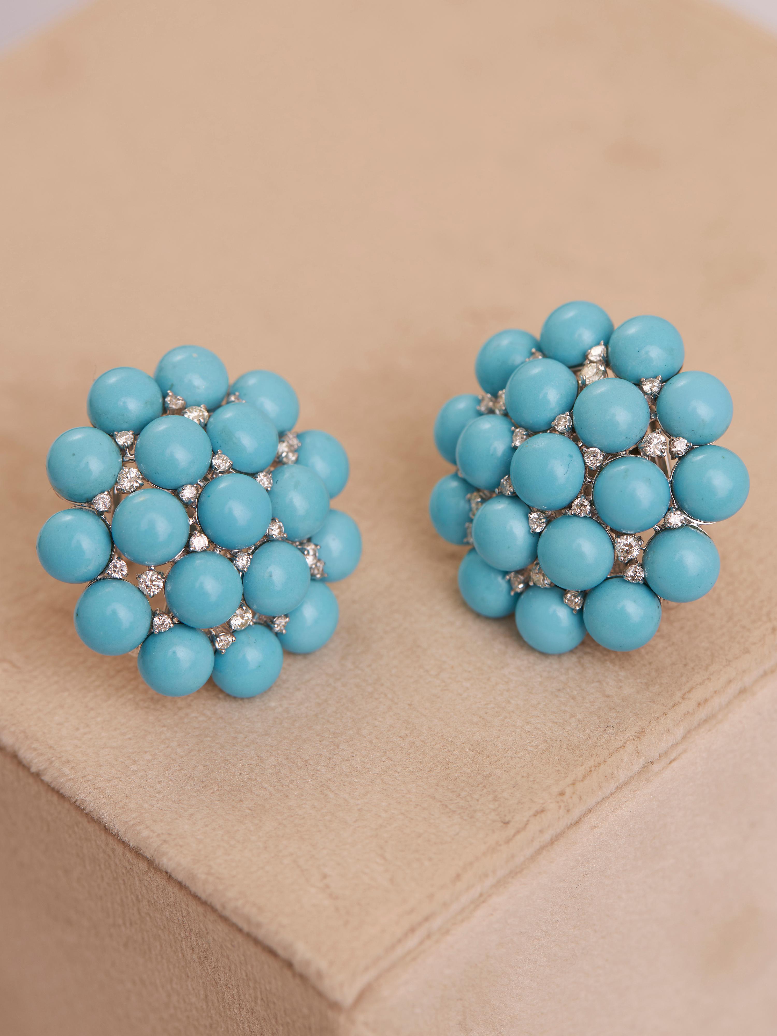 Round Cut Burst Earrings in 18kt, Turquoise & Diamonds For Sale