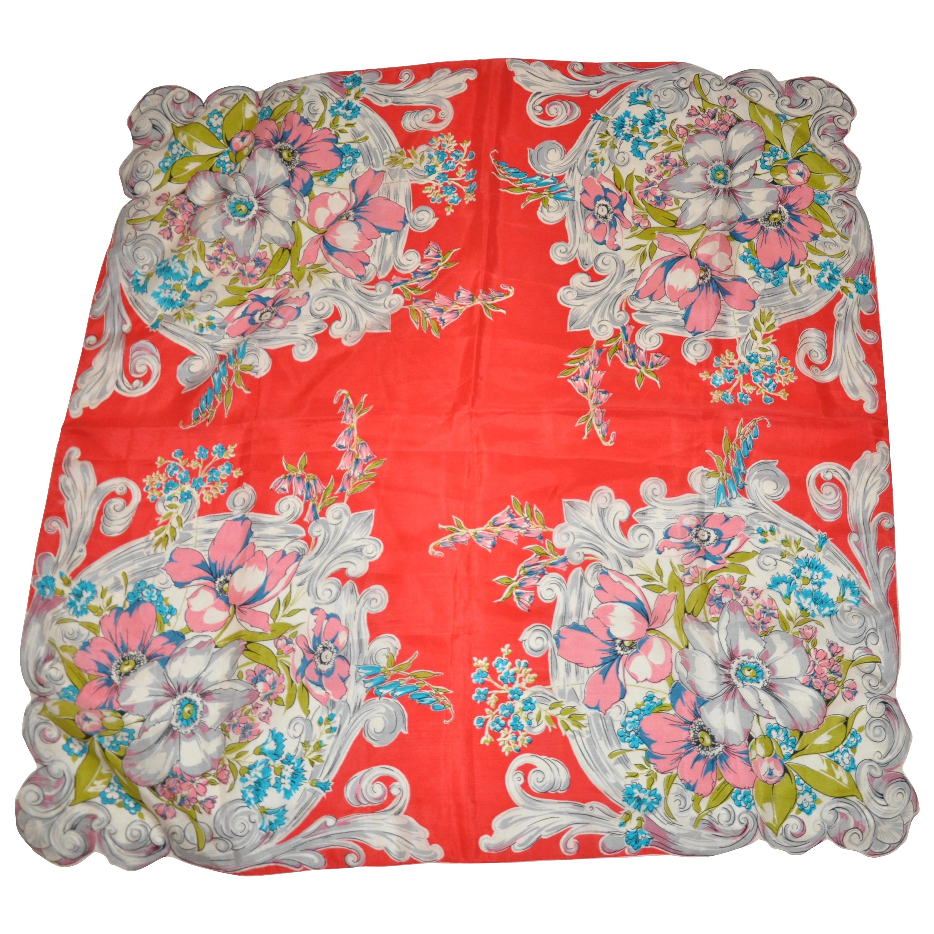 "Bursting Bouquets of Florals with Scallops Corners" Silk Scarf For Sale