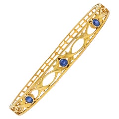 Burstow Kollmar Art Nouveau Sapphire 14K Yellow Gold Antique Bangle Bracelet