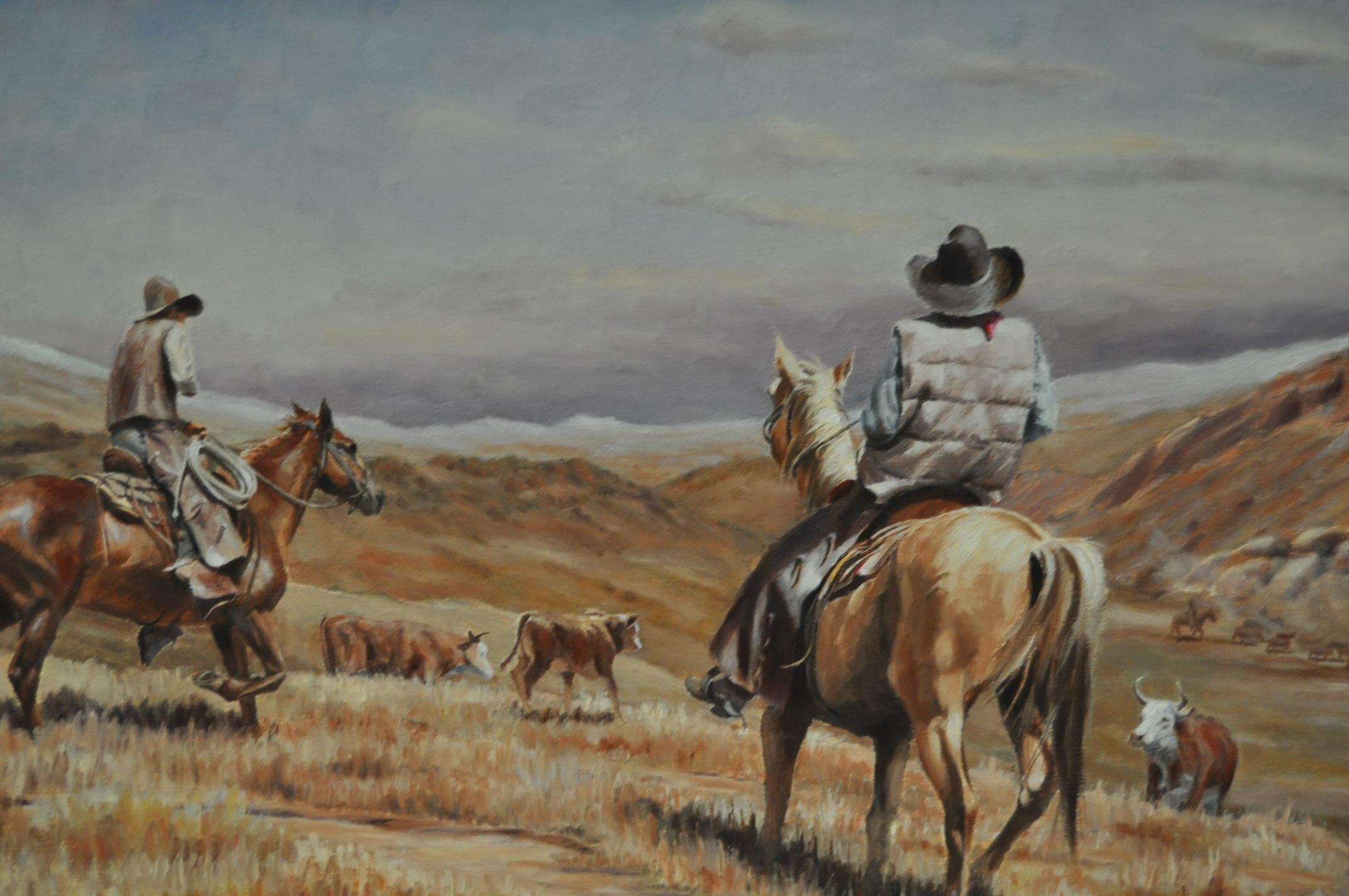 Burt dinius oil painting, fall round up, circa 1982

Fine art western painting by listed artist Burt Dinius, circa 1982, signed lower left.

This oil on board painting shows cowboys during the 