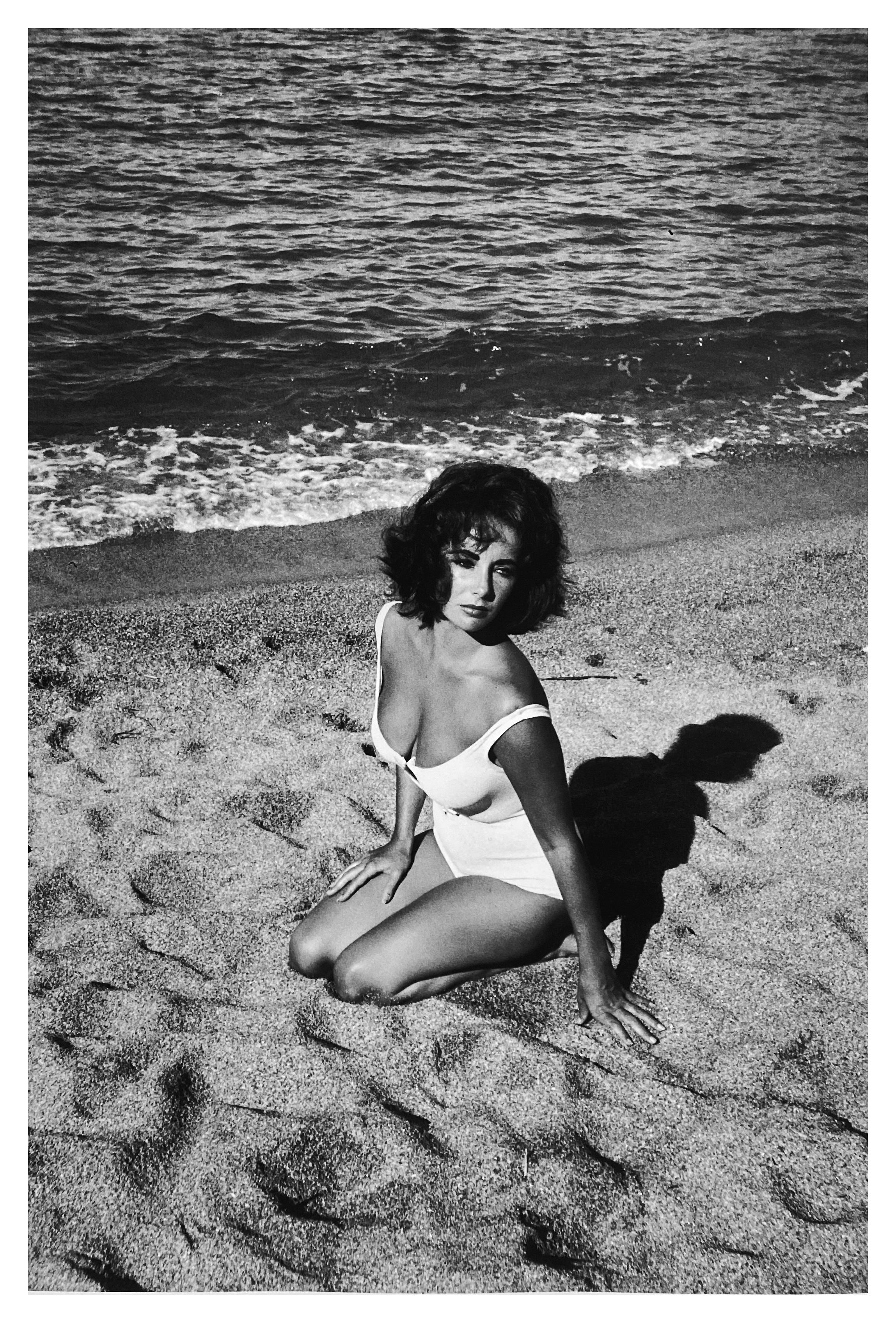 Burt Glinn Black and White Photograph - Elizabeth Taylor, B & W Photograph of Glam Hollywood Star on the Beach 1950s