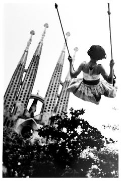 Vintage Swing, Black and White Portrait Photo of Child and Gaudi Cathedral Barcelona