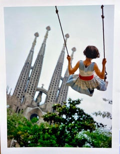 Retro Swing, Color Photography of Young Girl at the Gaudi Cathedral Barcelona, Spain