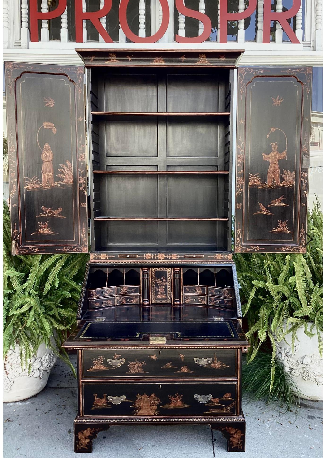 Burton-Ching 18th C Style Georgian Chinoiserie Secretary Bookcase Desk.