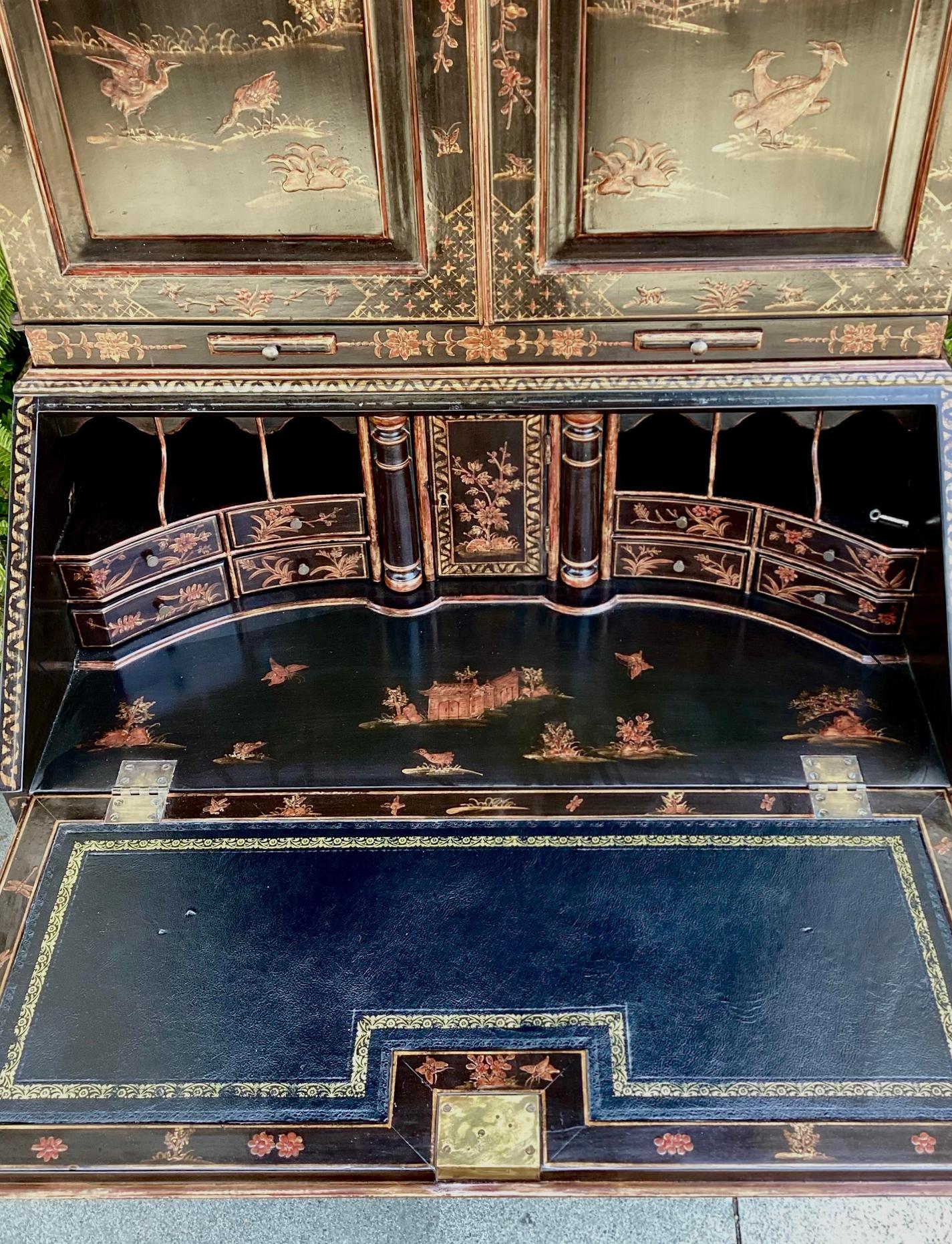 American Burton-Ching 18th C Style Georgian Chinoiserie Secretary Bookcase Desk