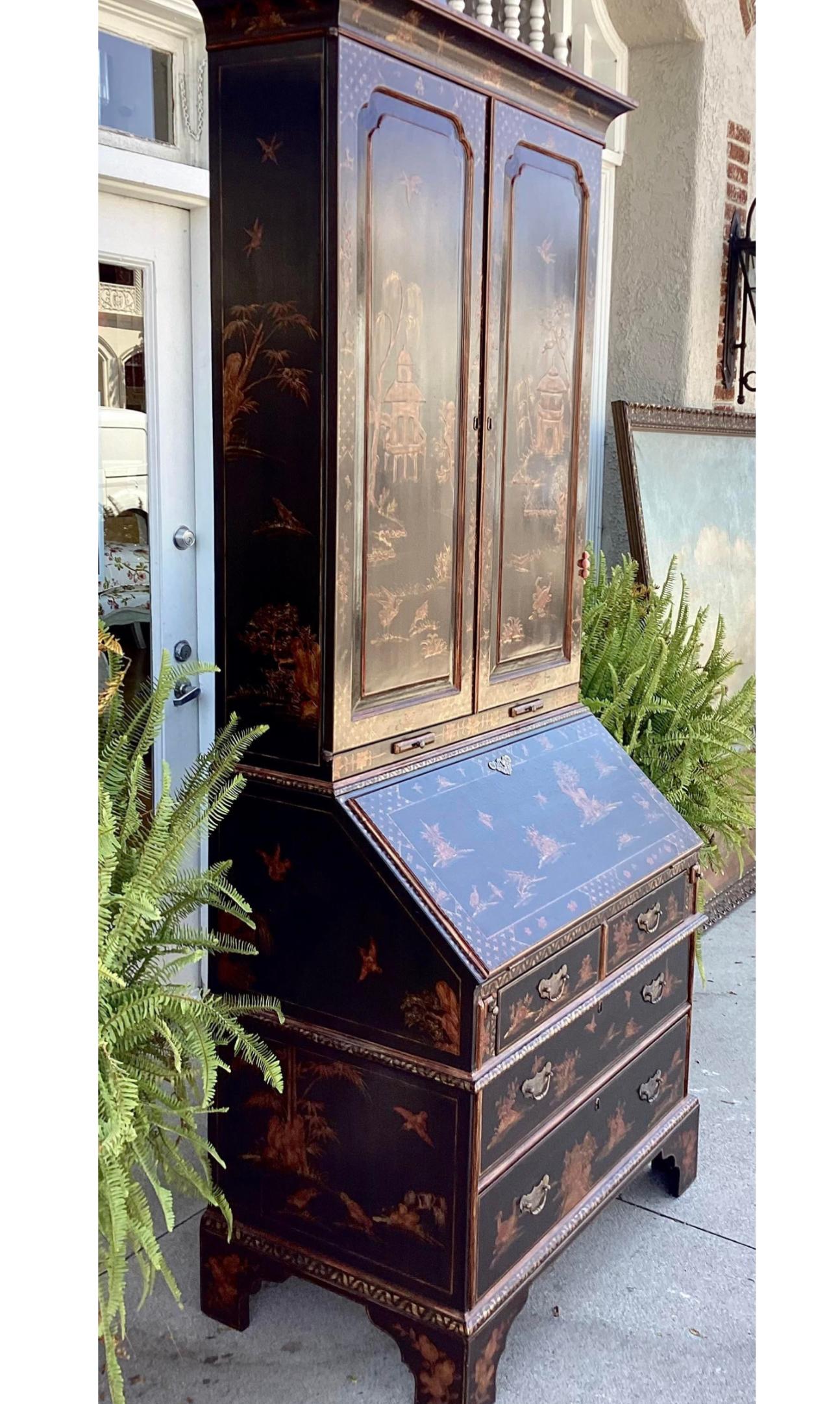 Contemporary Burton-Ching 18th C Style Georgian Chinoiserie Secretary Bookcase Desk