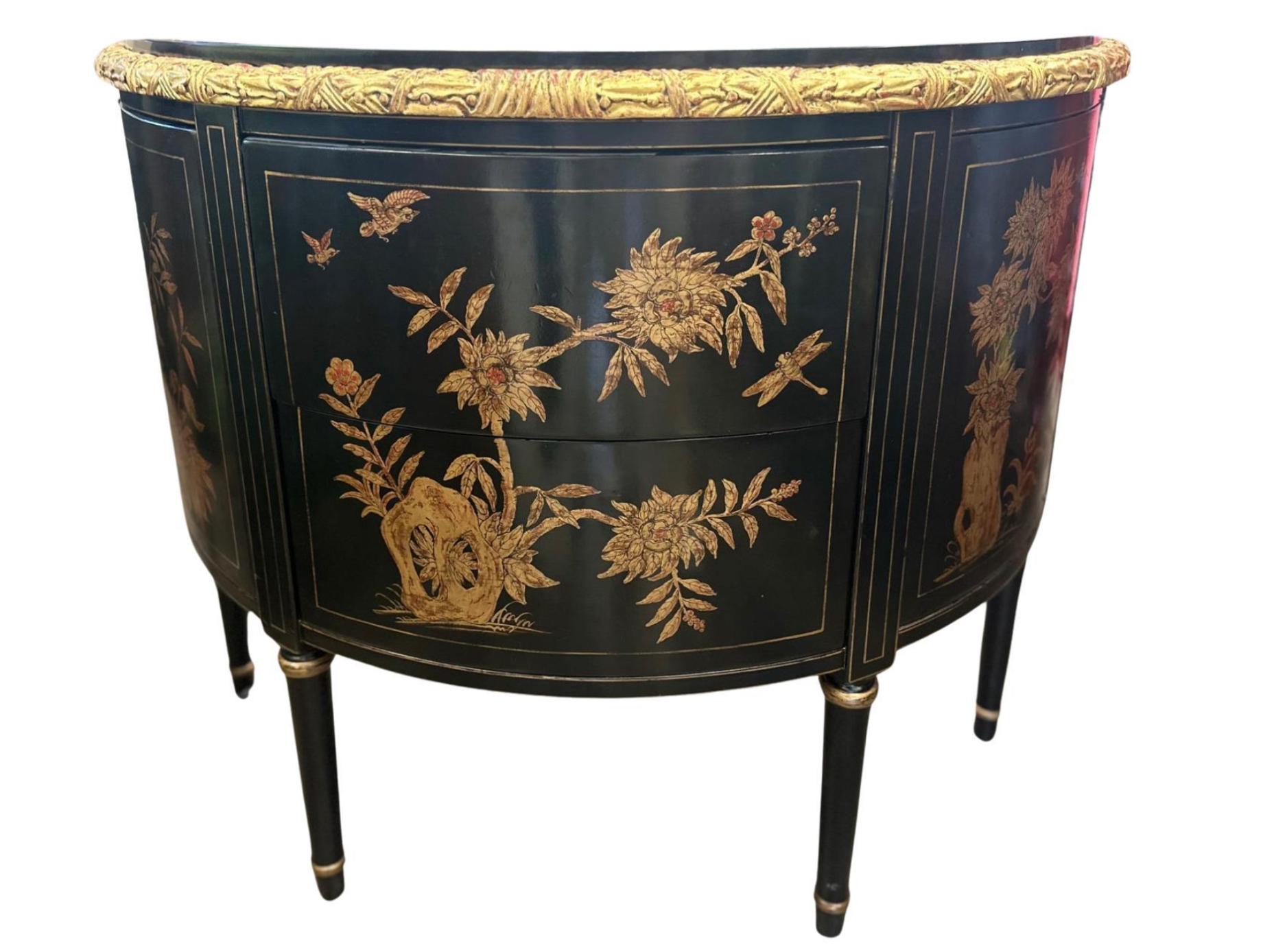 Chinoiserie Burton-Ching 18th C Style Regency Giltwood Demilune Commode Nightstand For Sale