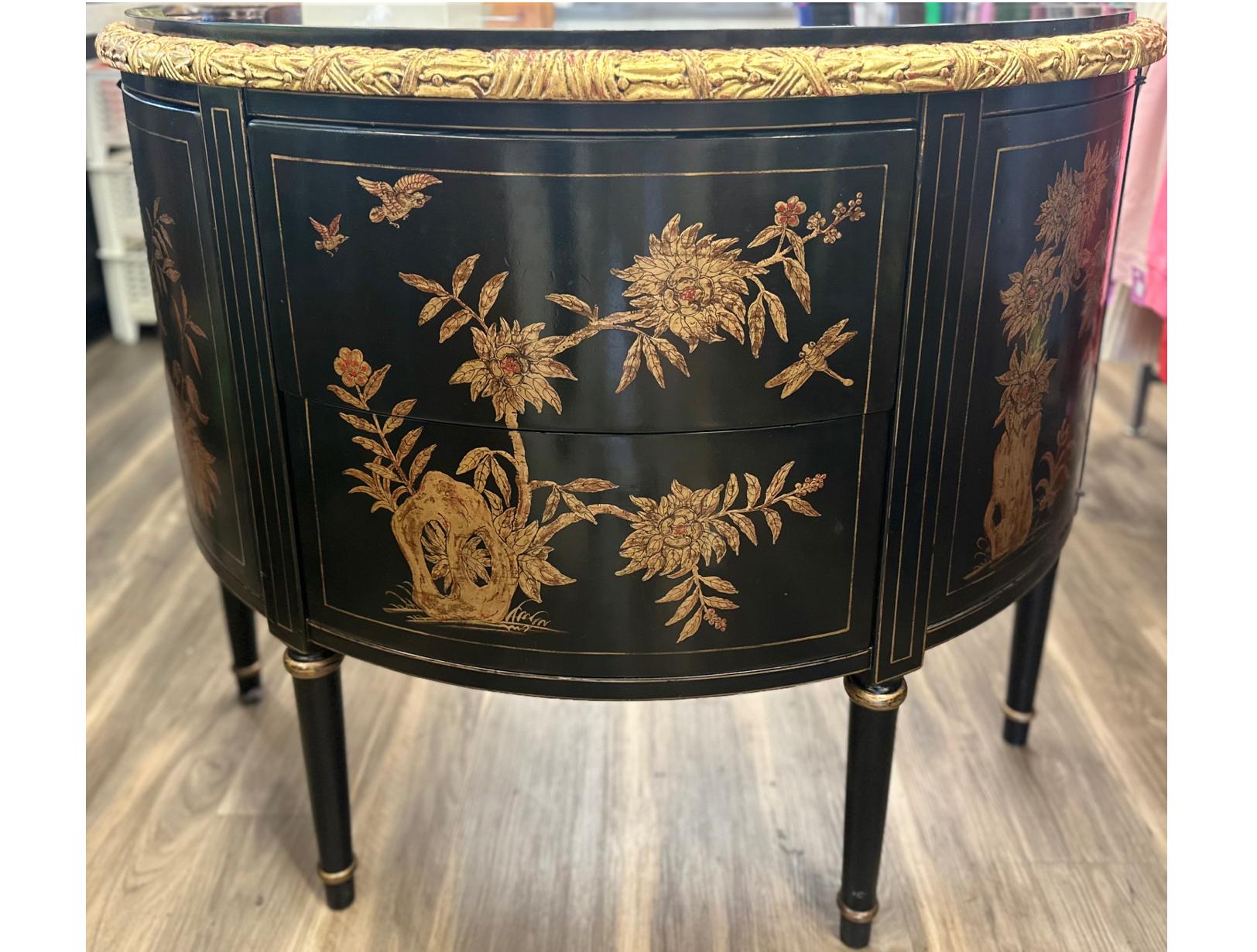 American Burton-Ching 18th C Style Regency Giltwood Demilune Commode Nightstand For Sale