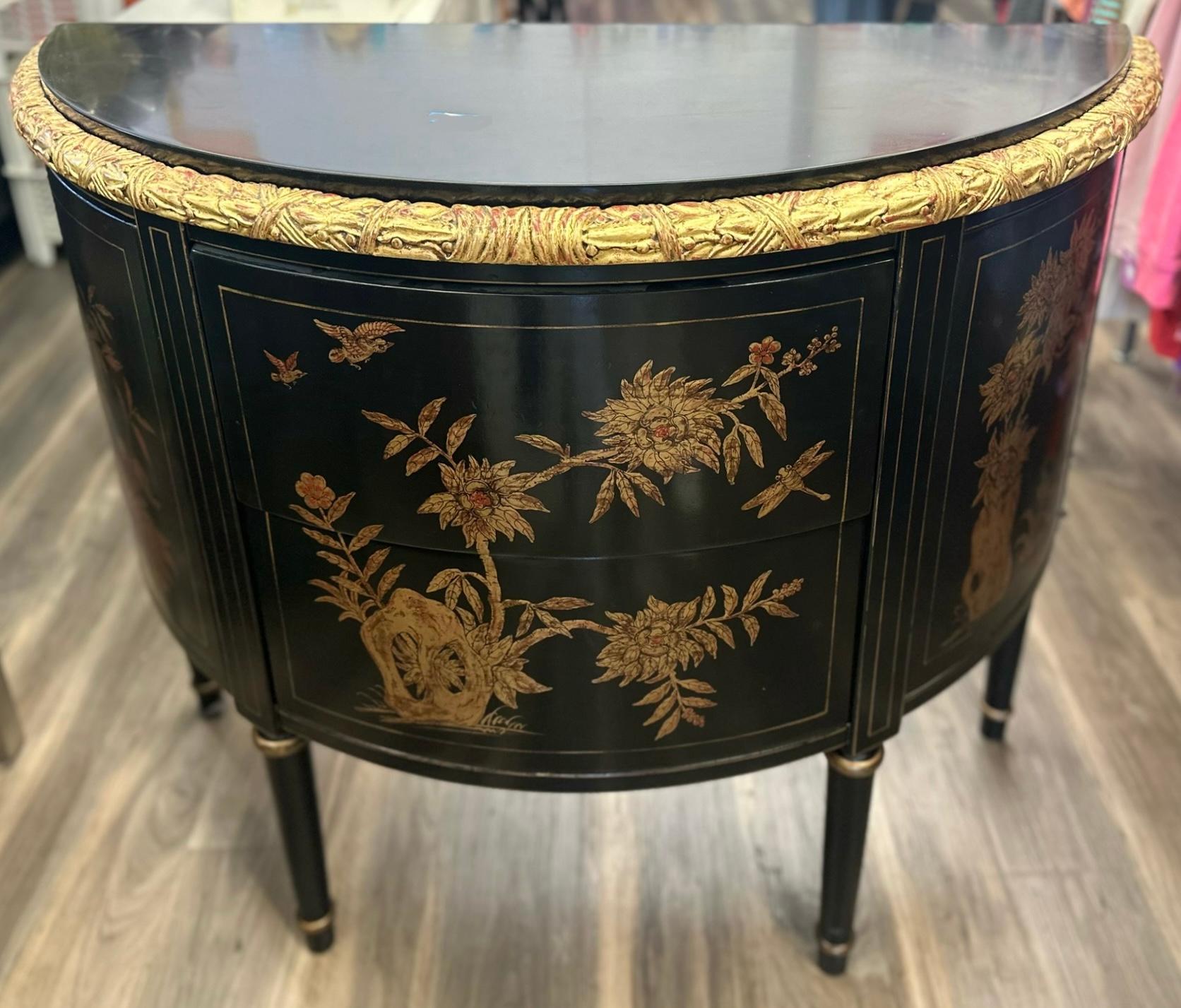 Contemporary Burton-Ching 18th C Style Regency Giltwood Demilune Commode Nightstand For Sale