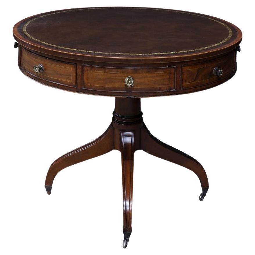 Burton Ching Federal Style Mahogany Leather Top Drum "Rent" Table Late 20th C