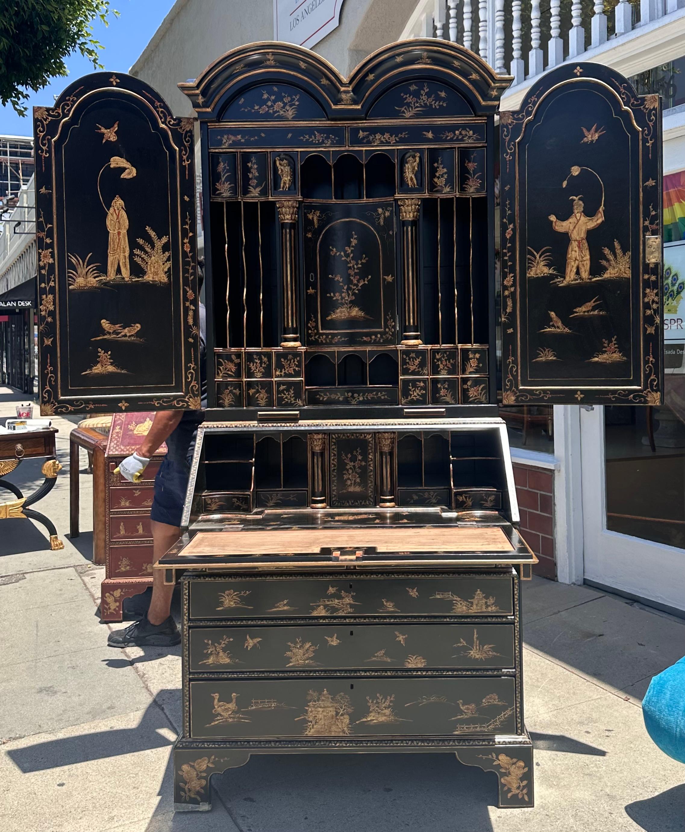 Burton - Bureau secrétaire de style géorgien Chinoiserie noir et or en vente 1