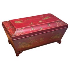 Burton-Ching rosso e oro decorato con cineserie inglese Regency Tea Caddy