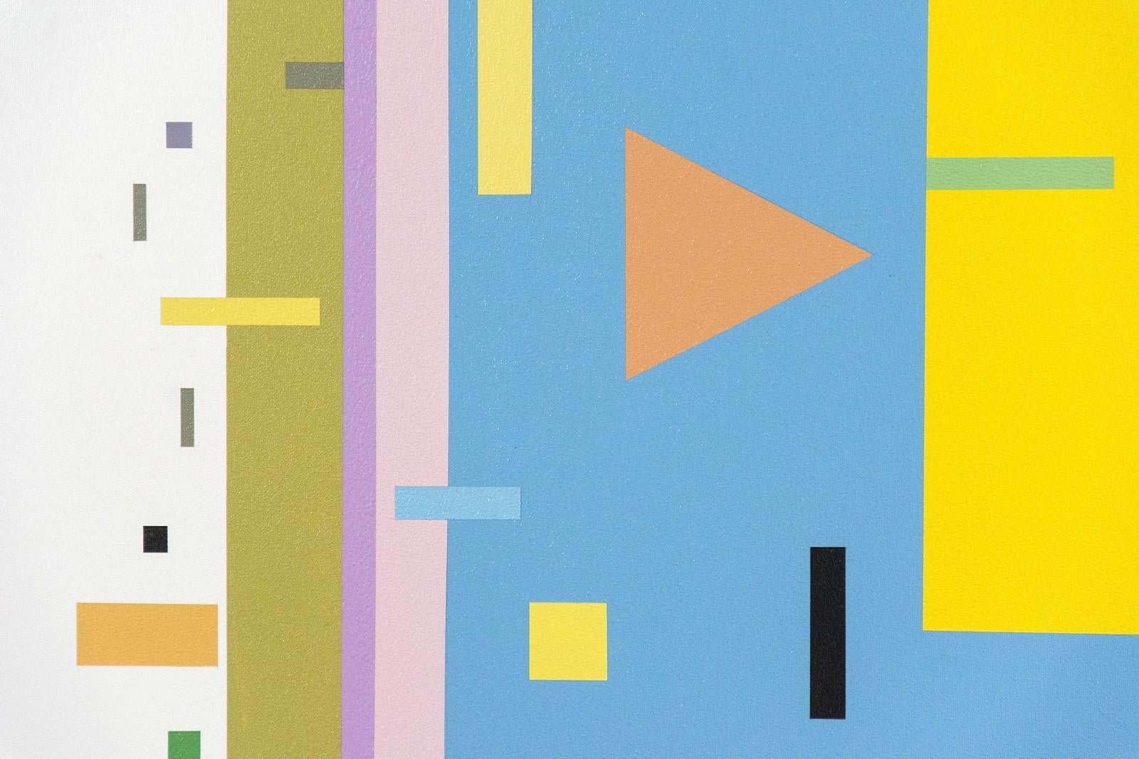 Un staccato de formes géométriques vertes, blanches et orange illumine un fond jaune et bleu dans cette composition animée de Burton Kramer. À l'instar du peintre européen du XXe siècle Wassily Kandinsky, célèbre pour ses expériences de synesthésie