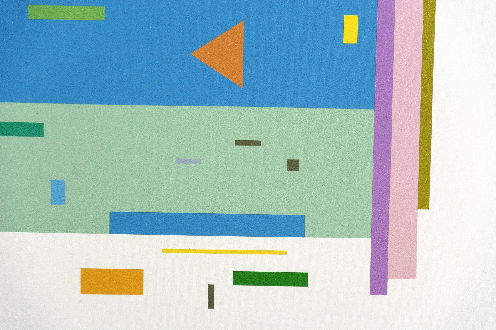 A staccato of geometric shapes in green, white and orange lights up a ground of yellow and blue in this lively composition by Burton Kramer. Like 20th-century European painter Wassily Kandinsky, renowned for his experiments with synesthesia of color