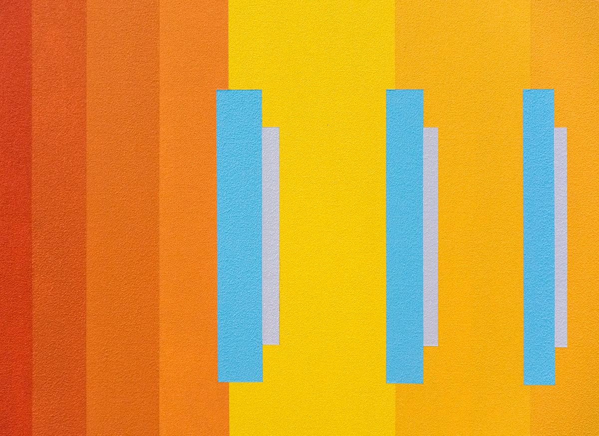 Des barres verticales de bleu ciel se détachent d'un rectangle rempli de jaune et d'orange vif dans cette composition dynamique de Burton Kramer. Le titre approprié de cette acrylique sur toile révèle l'intérêt de l'artiste pour le langage de la