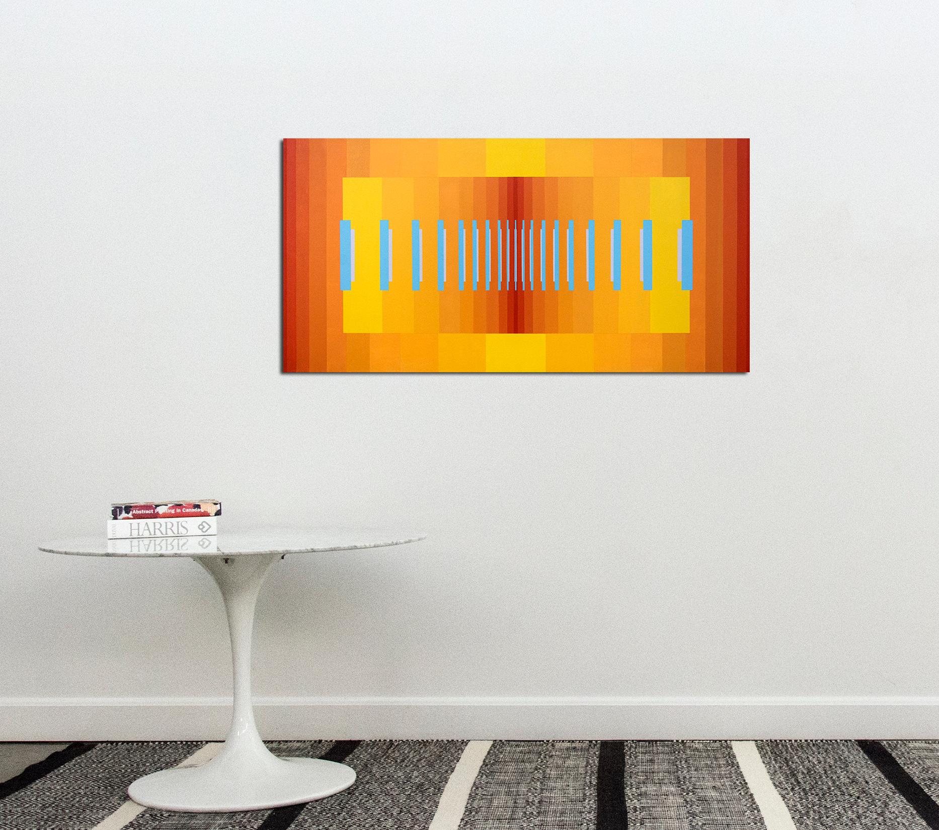 Vertical bars of sky blue march out from a rectangle packed with yellow and hot orange in this dynamic composition by Burton Kramer. The apt title of this acrylic on canvas reveals the artist's interest in the language of music interpreted through