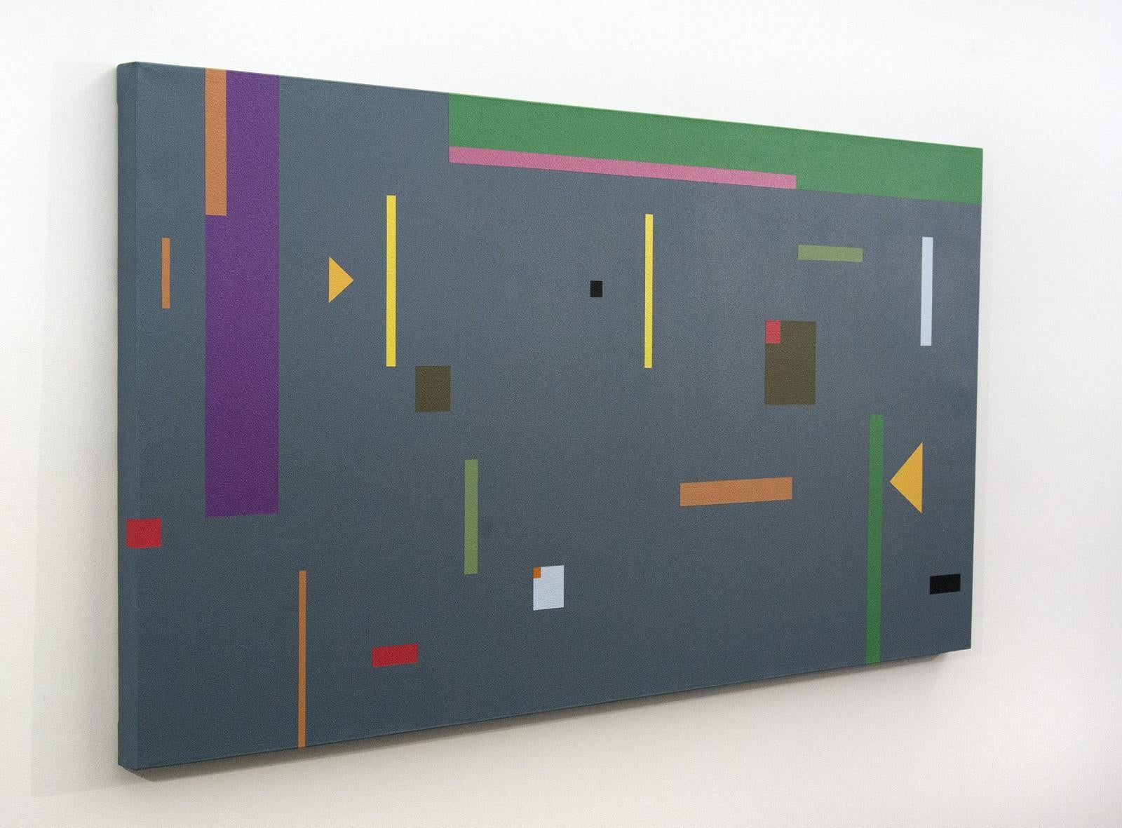 Lyrical, geometric shapes in violet, pink, yellow, orange and green dance on a steel blue ground in this composition by Burton Kramer. 

Trained at Yale University (MFA), The Institute of Design at the Illinois Institute of Technology (BSc), The
