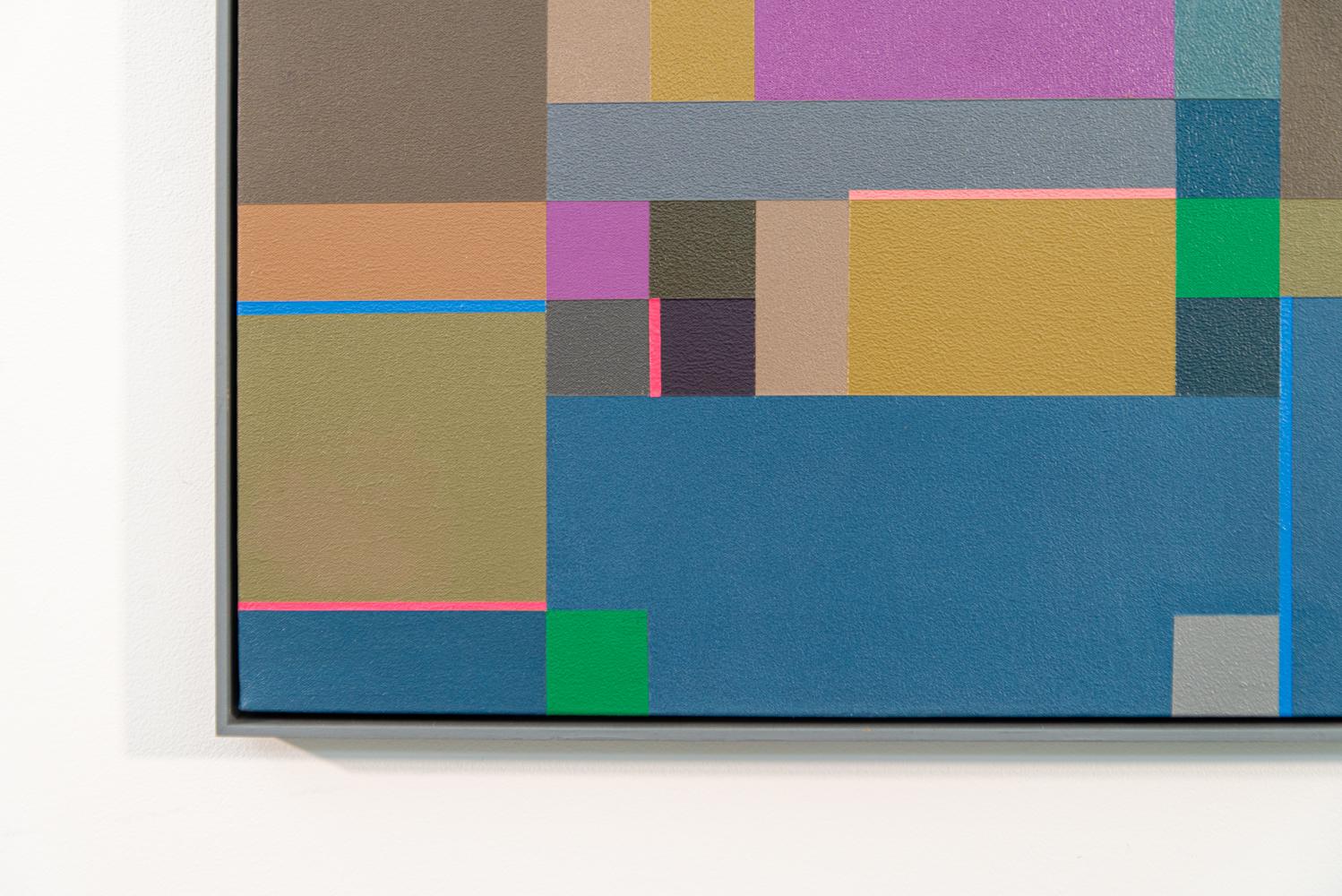 In this lively painting by modernist Burton Kramer a mirrored geometric pattern is enhanced by a complimentary soft colour palette of blues, pinks, yellows, and taupe. The title ‘Fugue’ refers to a musical composition in which themes are repeated