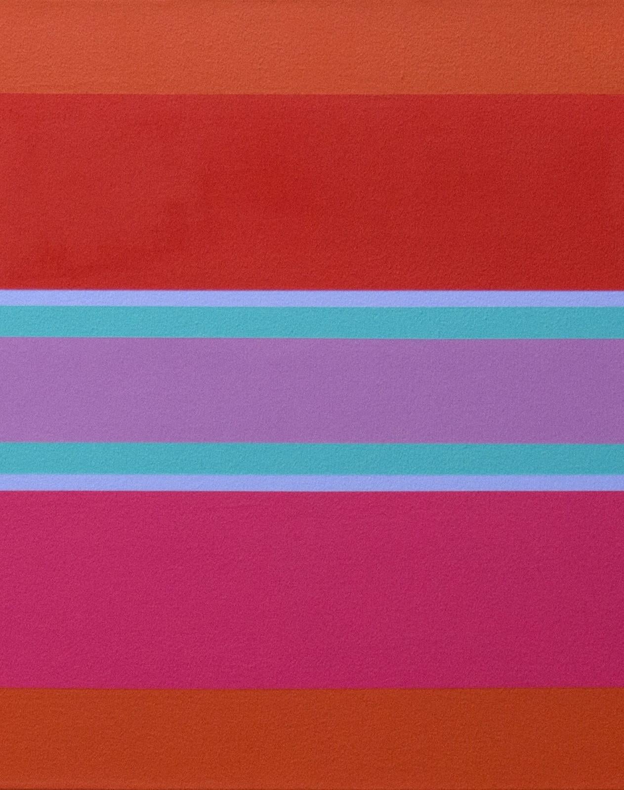 Horizontal bands of fire-orange, rose pink, mauve and turquoise float on a ground of carrot orange. The poised composition in this acrylic painting is a meditation on the intersection of music, color and form. Kramer has commented that his lyrical