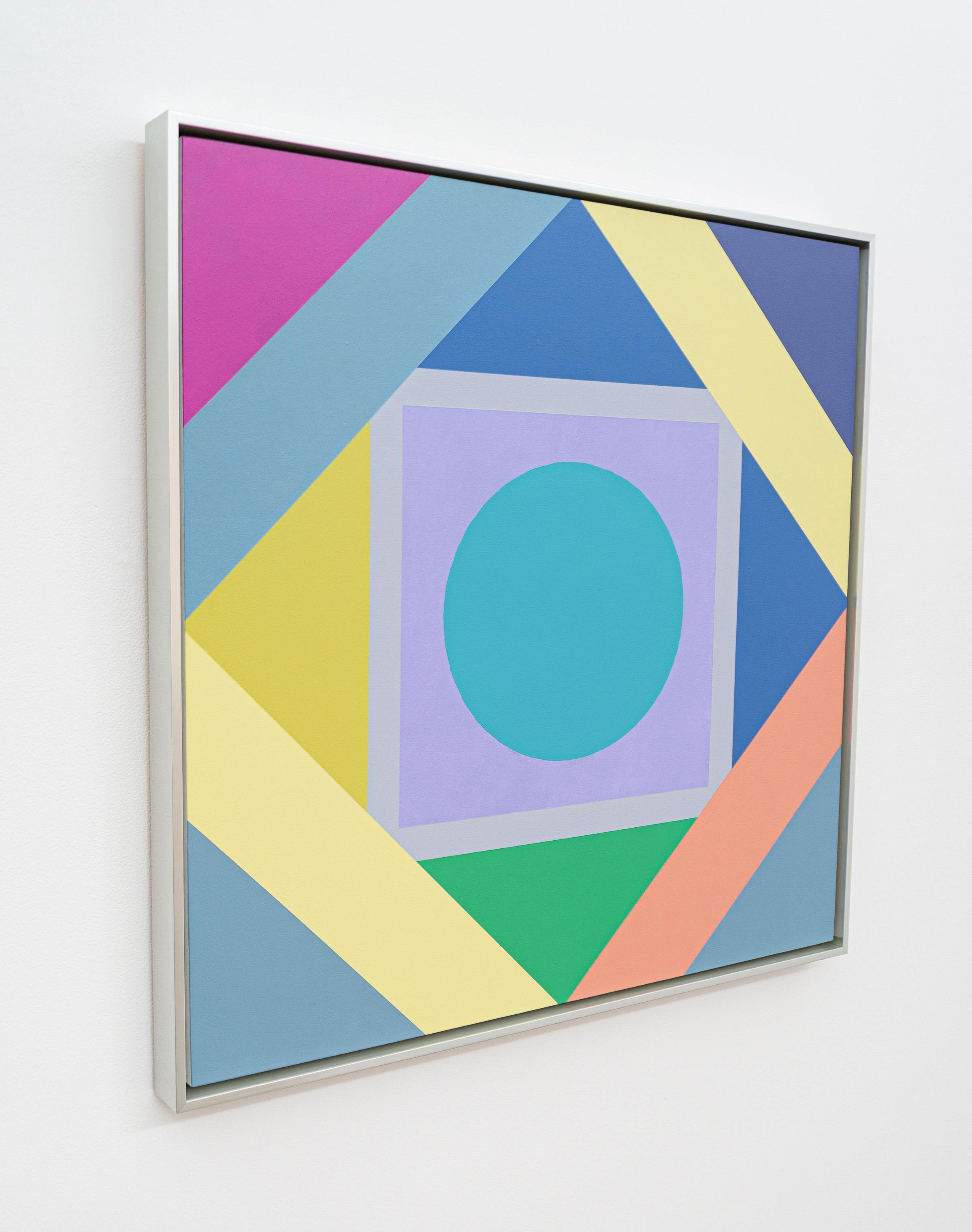 A bright turquoise-blue ‘sun’ draws the viewer’s eye into the center of this beautiful new composition by Burton Kramer. A modernist, Kramer’s expressive work plays with geometric shapes enhanced by a lively colour palette. Turquoise, pink, purple,