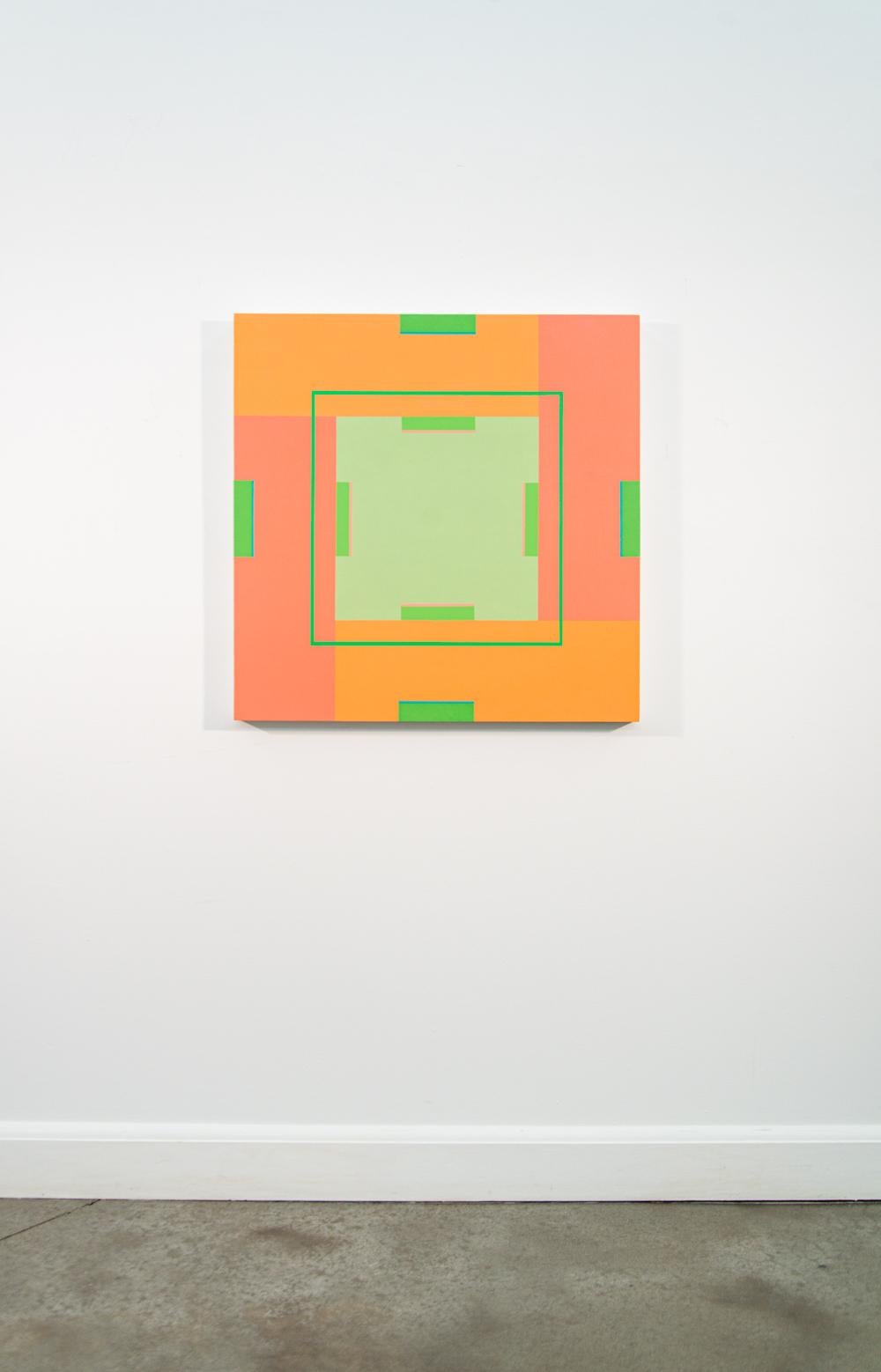 Les délicieuses compositions du moderniste Burton Kramer jouent avec des formes géométriques mises en valeur par une palette de couleurs vives. Cette pièce en acrylique présente un carré central turquoise complété par des rectangles et des lignes