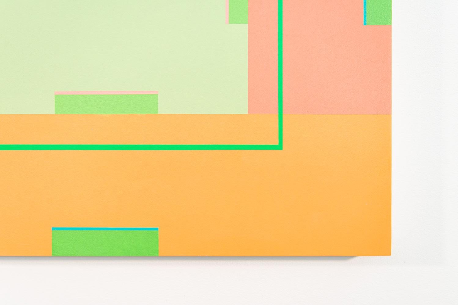 Modernist Burton Kramer’s delightful compositions play with geometric shapes enhanced by a lively colour palette. This acrylic piece has a central square in turquoise complemented by muted tones of apricot, green, and burnt orange rectangles and