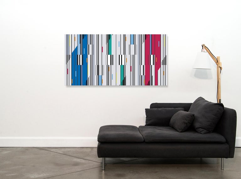 Kramer’s modern and graphic paintings express lyrical, geometric abstraction via a harmonic interplay of syncopated shapes of various sizes and colors. This work includes primary and secondary palettes of red, blue and green. Segments of color are